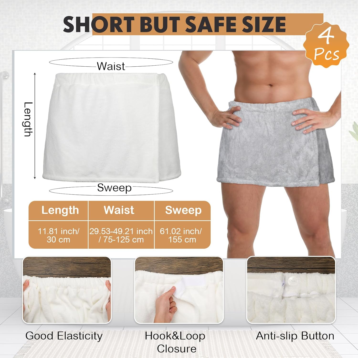 Mixweer 4 piezas de toallas de baño para hombre, pantalones cortos, envoltura de ducha para hombres, 11.81 pulgadas, toalla con cierre para hombres,