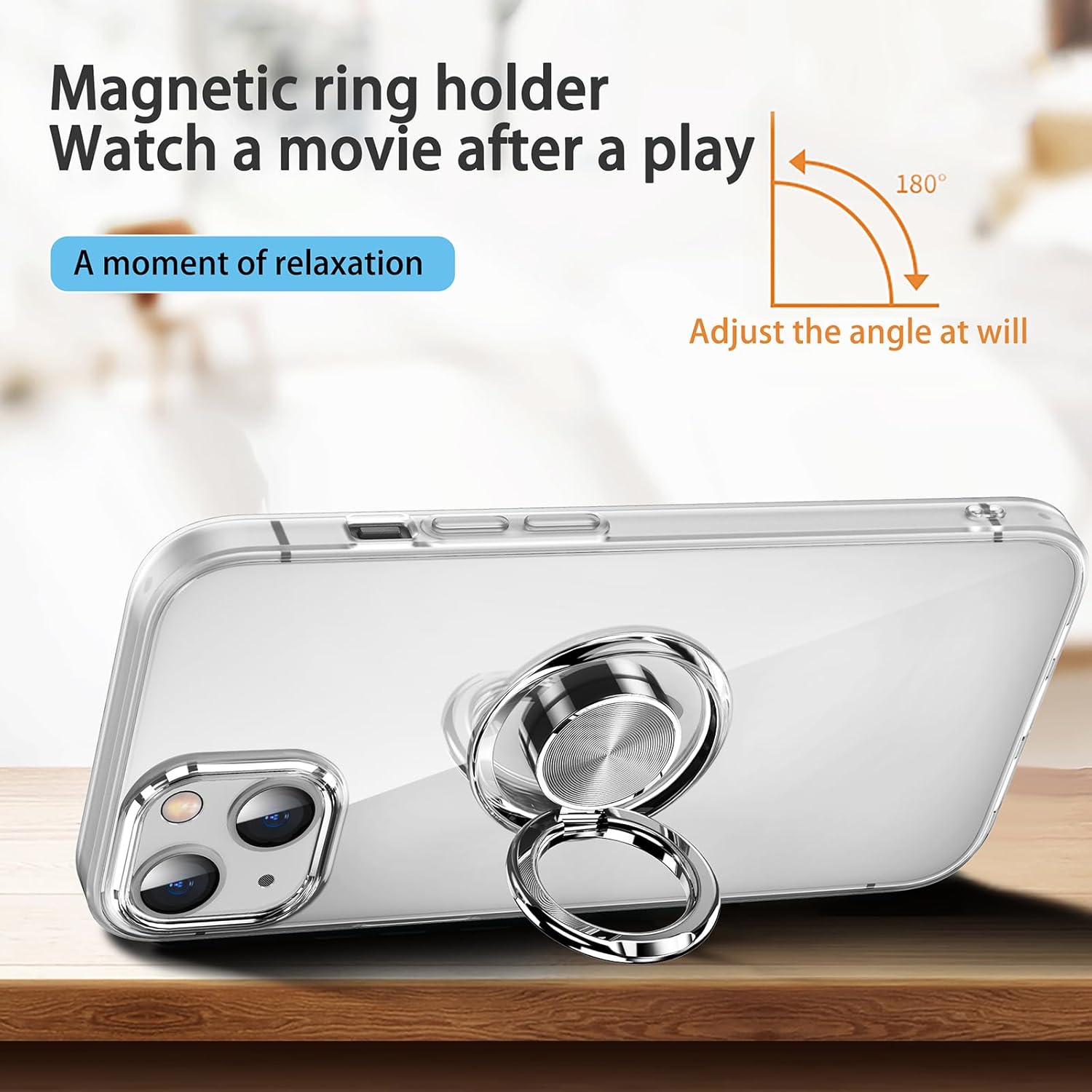 Funda transparente para iPhone 15 con soporte de anillo, funda transparente con correa de mano y soporte, soporte para automóvil, 6.1 pulgadas