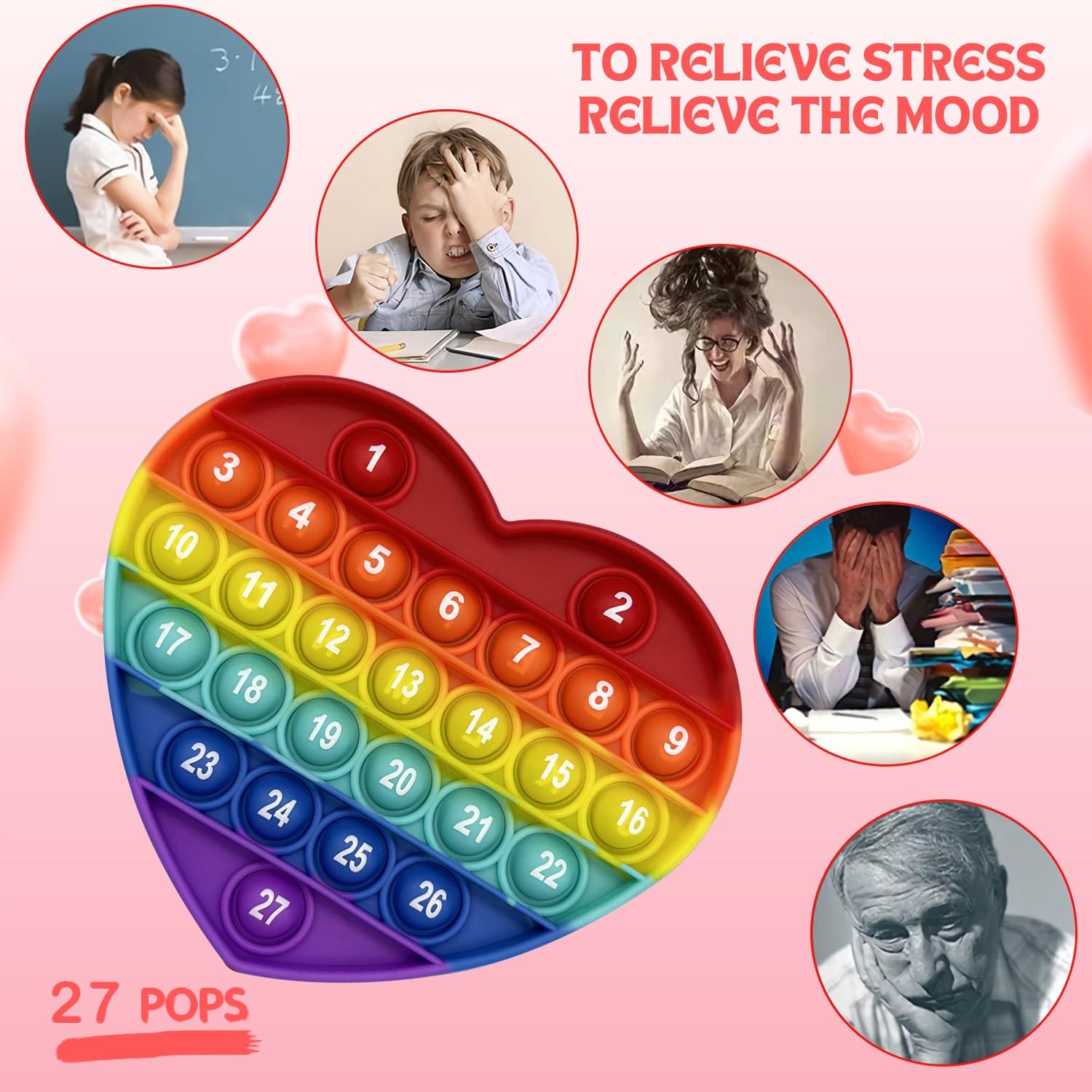 PETBSNVB Juguete antiestrés de burbujas con forma de corazón arcoíris con letras y números, regalo de Navidad, juguete sensorial con alfabetos, para