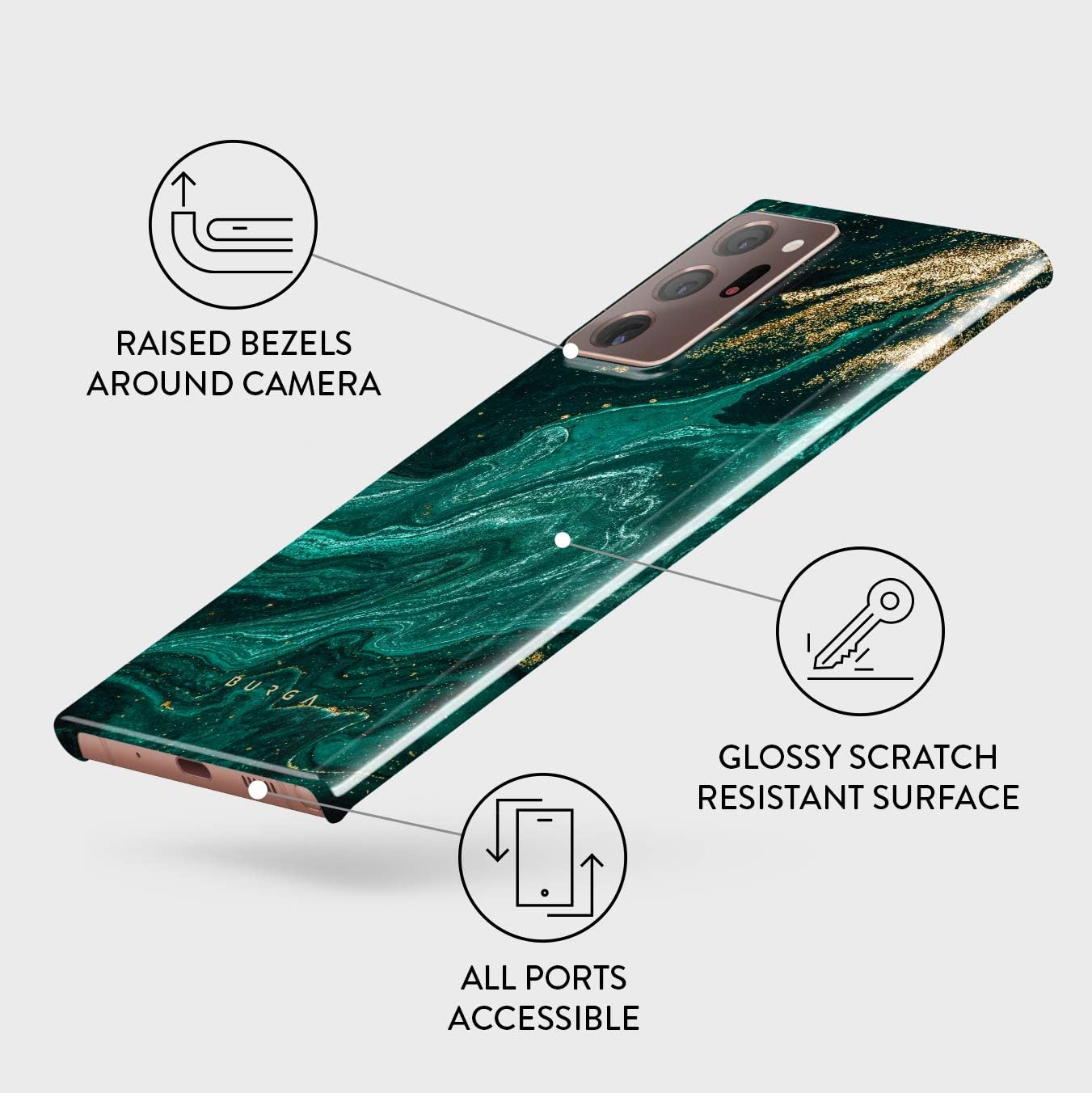BURGA Funda para teléfono compatible con Samsung Galaxy Note 20 Ultra – Esmeralda verde jade piedra de alta moda de lujo dorado con purpurina de