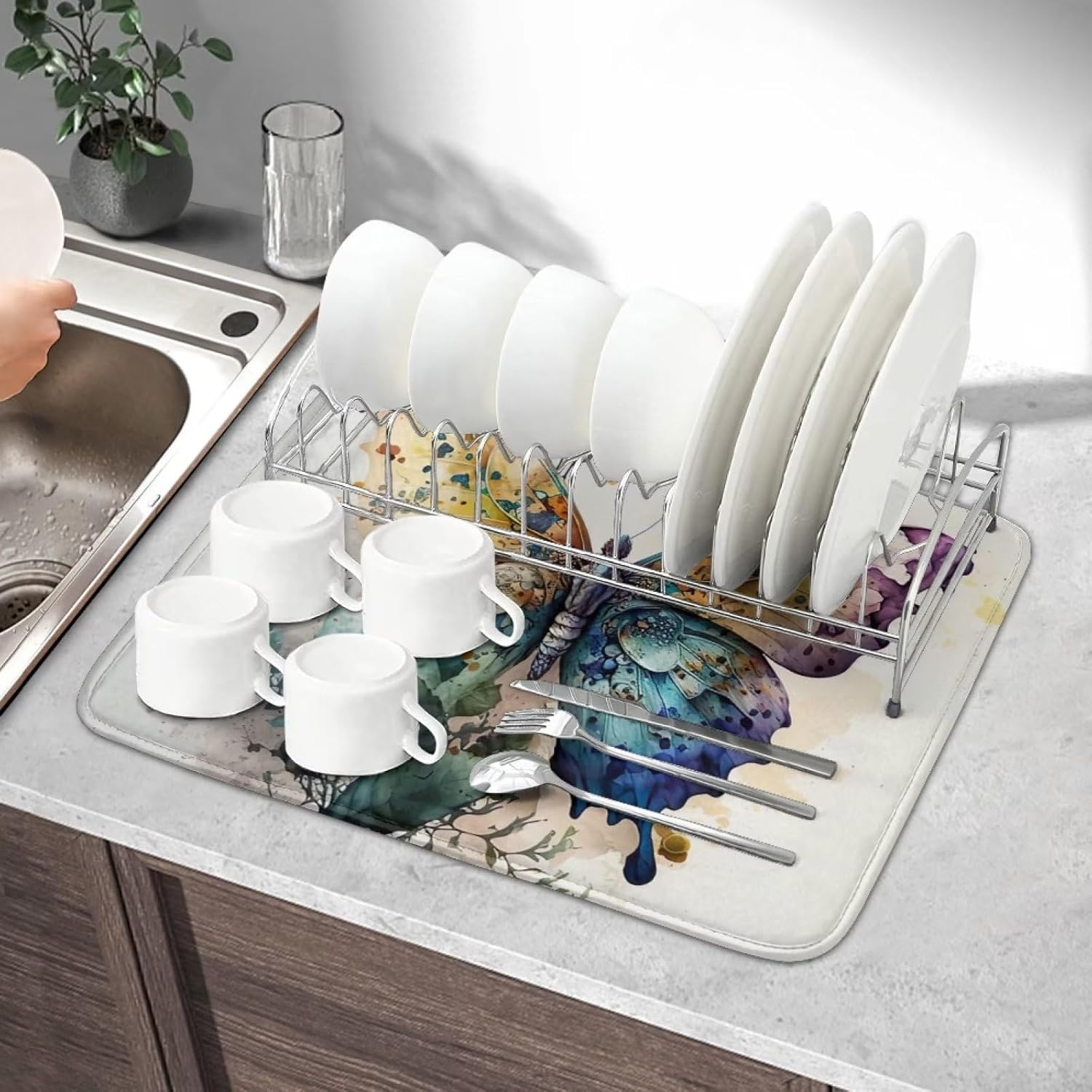 Tapete de drenaje con diseño de mariposa para escurridor de platos, tapete de microfibra absorbente para secado de platos, almohadilla suave