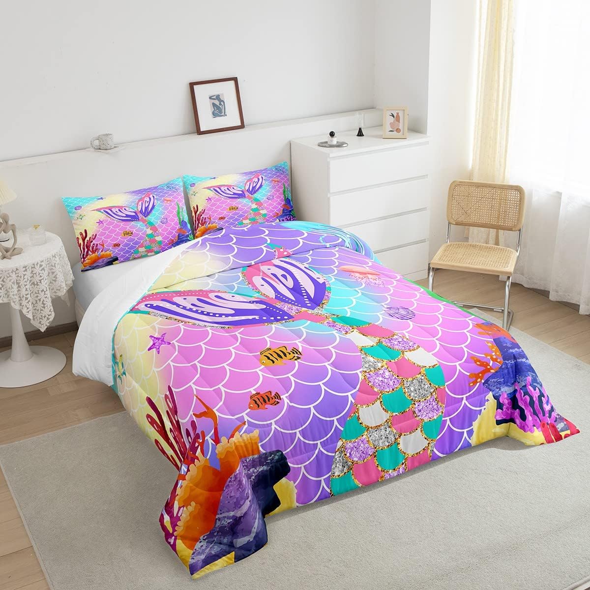 Juego de ropa de cama de sirena para niñas, tamaño matrimonial, juego de edredón de sirena náutica, animales marinos, cola de sirena, medusa