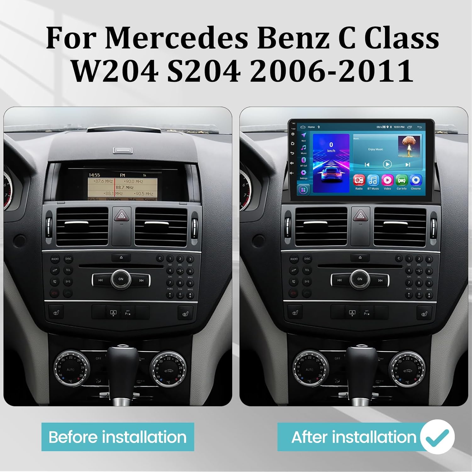 2+64G Estéreo de coche Android para Mercedes Benz Clase C W204 S204 2006-2011 – Apple Carplay inalámbrico y Android Auto – Pantalla táctil Benz
