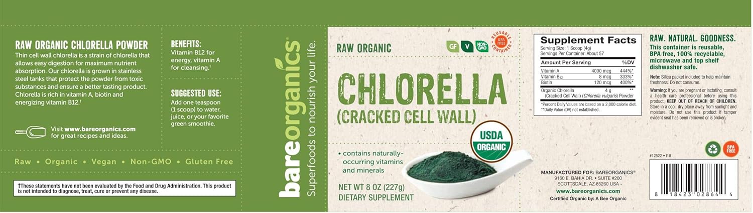 BareOrganics 12522 USDA Polvo orgánico de Chlorella, superalimento en polvo, suplemento dietético, 8 onzas