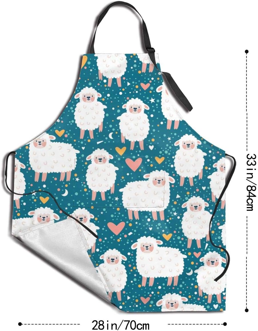 Duduho Delantal con 2 bolsillos, diseño de oveja, corazón y estrellas, delantal para cocinar, babero, para mujeres, hombres, unisex, ajustable,