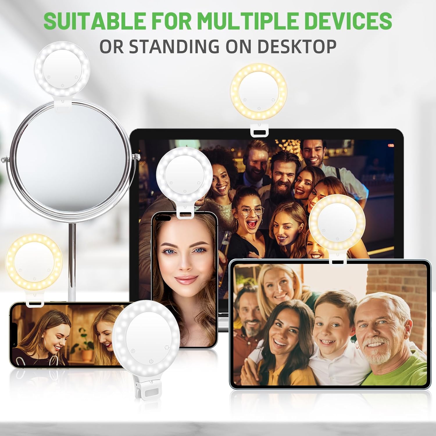 Anillo de luz, 3 modos de luz, luz para selfie, recargable, batería de gran capacidad, portátil, 60 LED, brillo ajustable, luz con clip para laptop,
