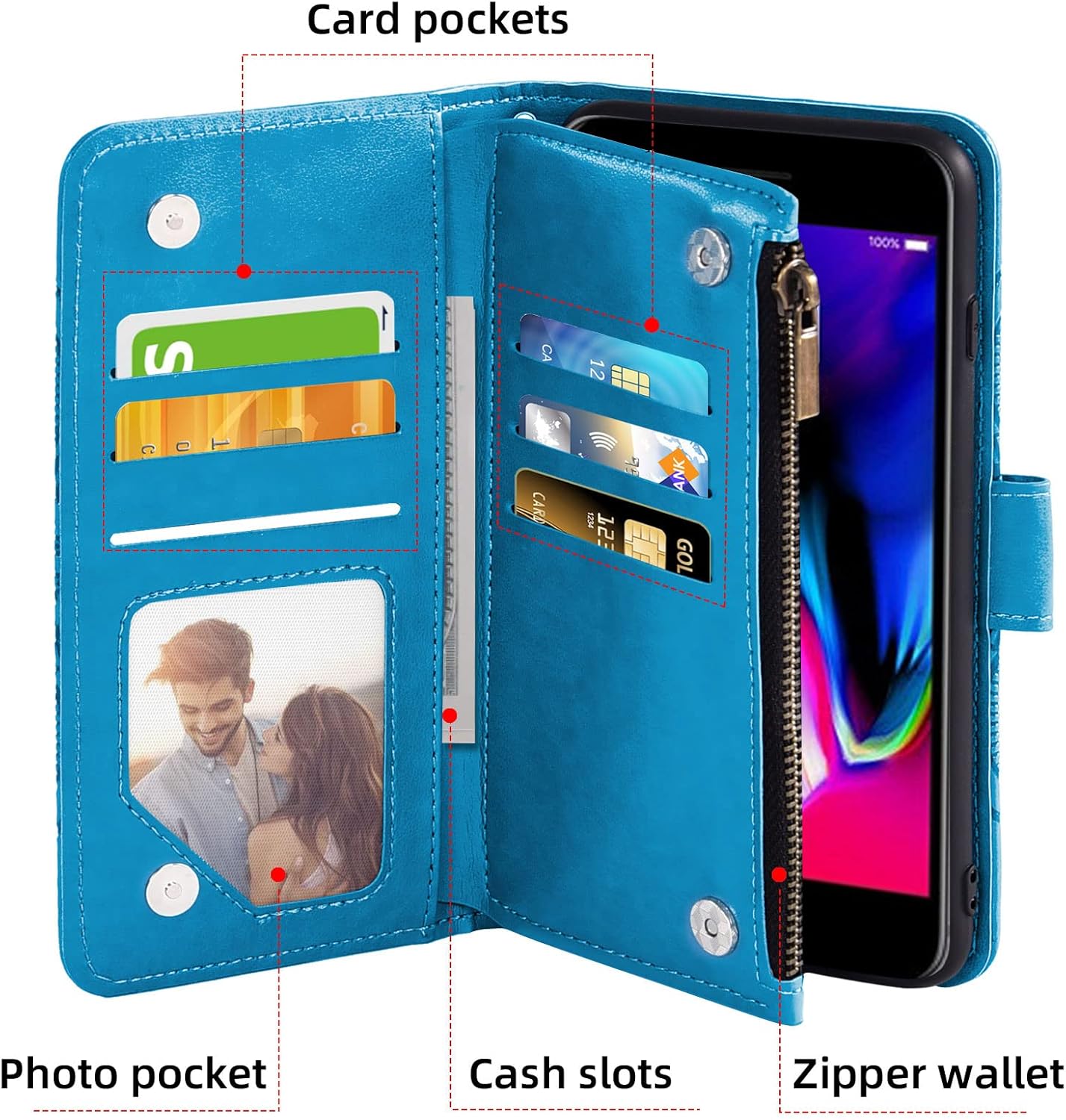 Asuwish Compatible con iPhone 7plus 8plus 78 Plus Funda tipo cartera y protector de pantalla de vidrio templado, funda de cuero con tapa para