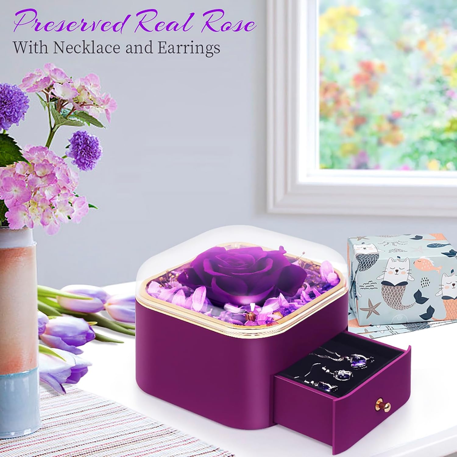 AK KYC Flor preservada, rosa, flores eternas, regalos para el día de San Valentín, incluye un exquisito collar y aretes para esposa, novia, para