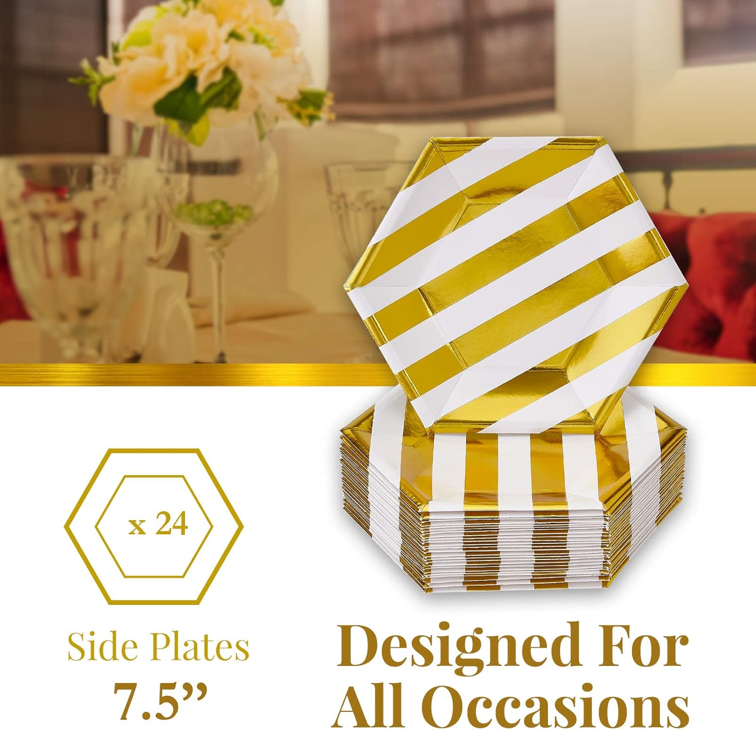 SILVER SPOONS Platos laterales desechables  24 piezas  Hecho de materiales de papel pesados  Rayas – Oro  7.5 pulgadas