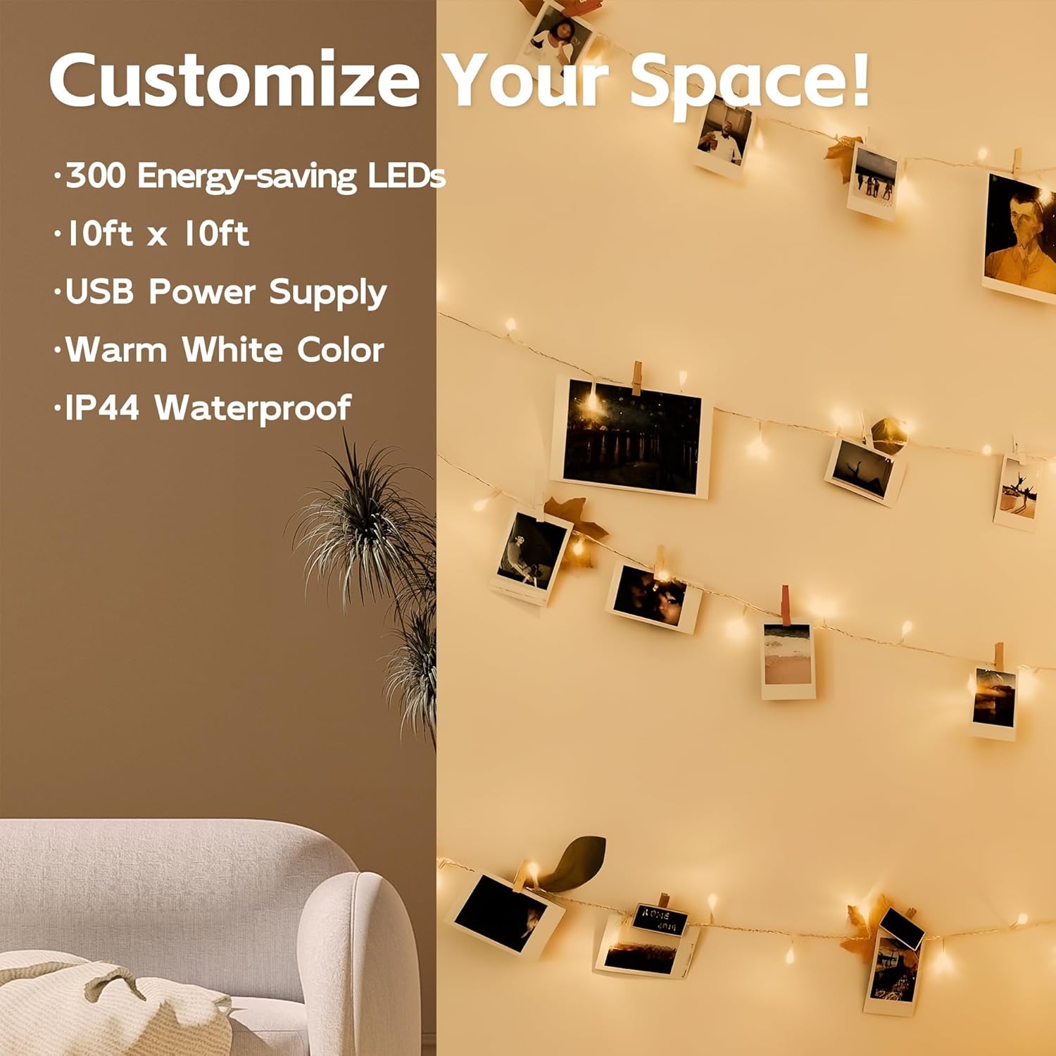 Guirnalda de 300 luces LED, 10 x 10 pies, cortina de ventana colgante con ganchos, 8 modos y luces de enchufe USB para dormitorio, interiores,