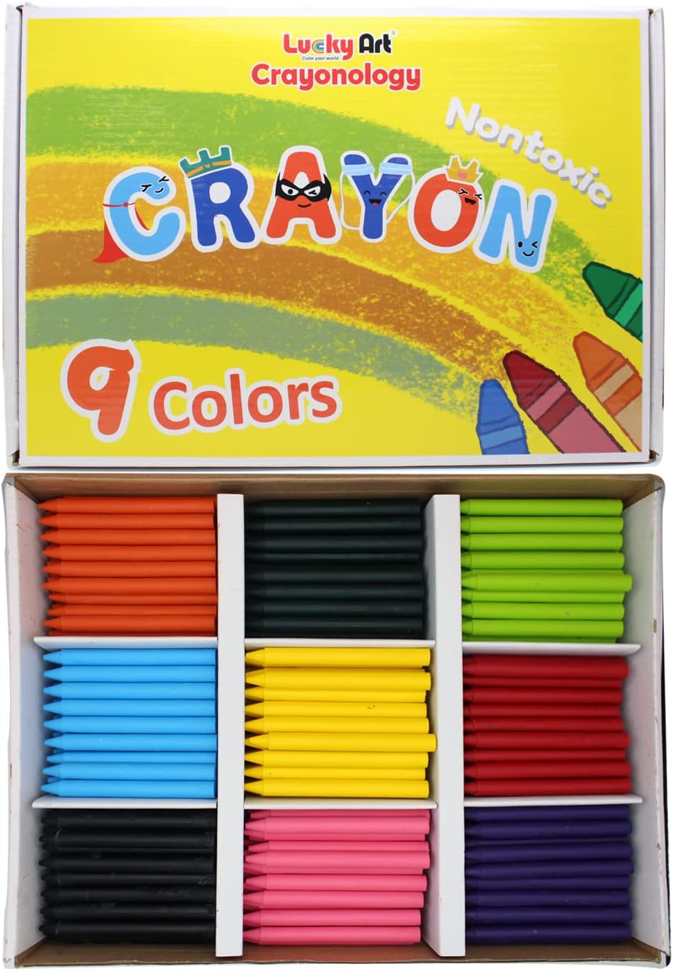 Lucky Art – Crayones de cera sin envolver, paquete a granel de 450 unidades, preclasificados en 9 colores vibrantes para niños y profesores,