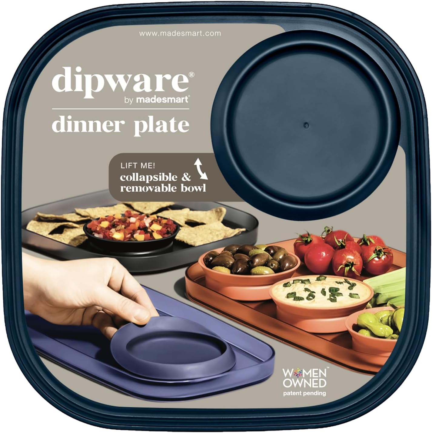 Madesmart dipware – Plato llano con cuenco de inmersión plegable y extraíble para comidas y aperitivos plato reutilizable con cuenco multiusos,