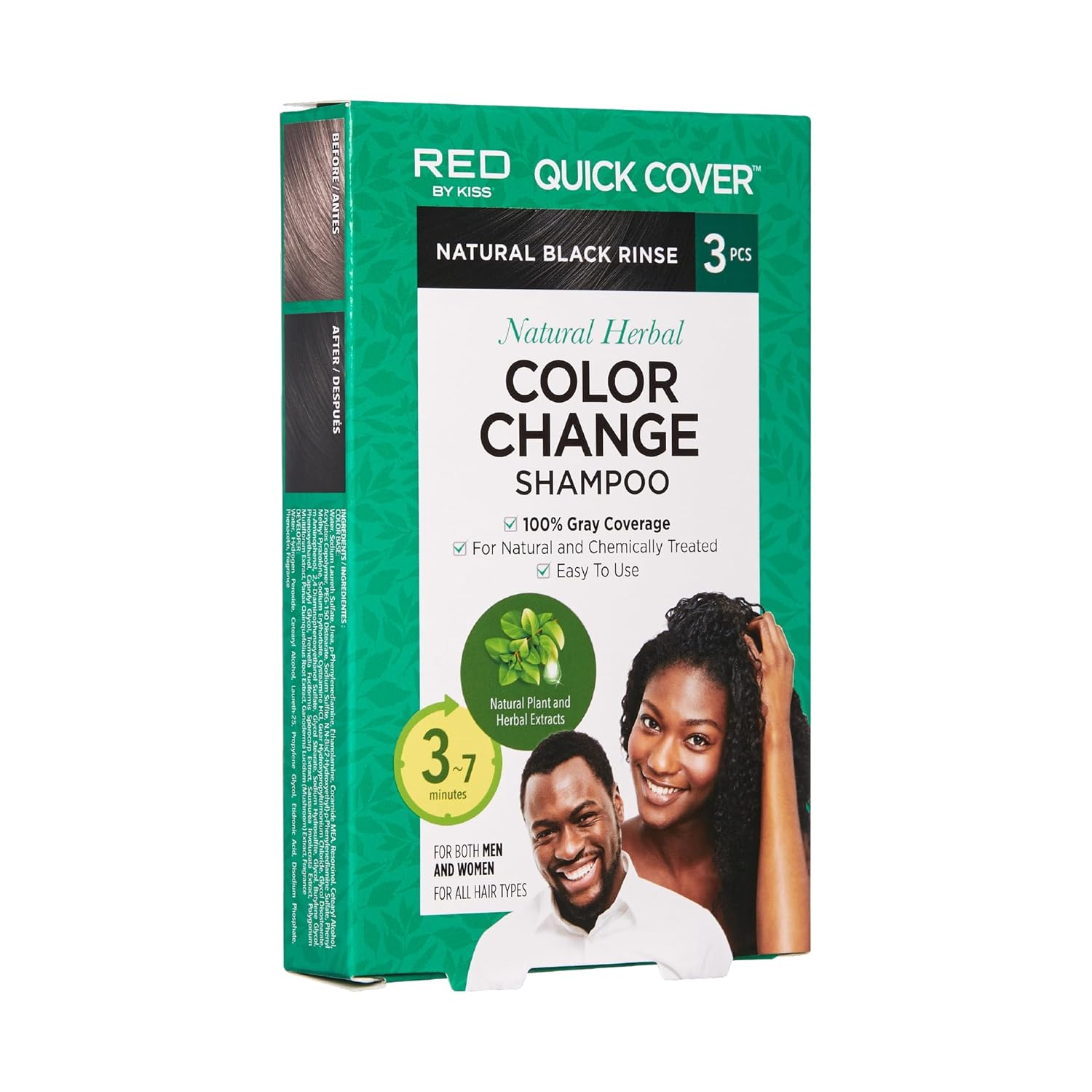 Red by Kiss Quick Cover – Champú natural con cambio de color a base de hierbas, 3 bolsas (paquete de 2, #champú y rímel (negro natural)