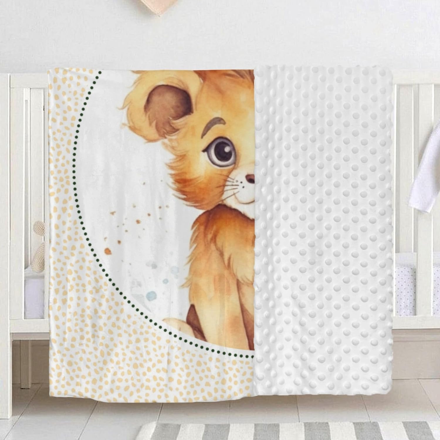 Manta de bebé personalizada de león con nombre, doble capa, manta de felpa suave Minky con respaldo de puntos, manta de recepción de cuna