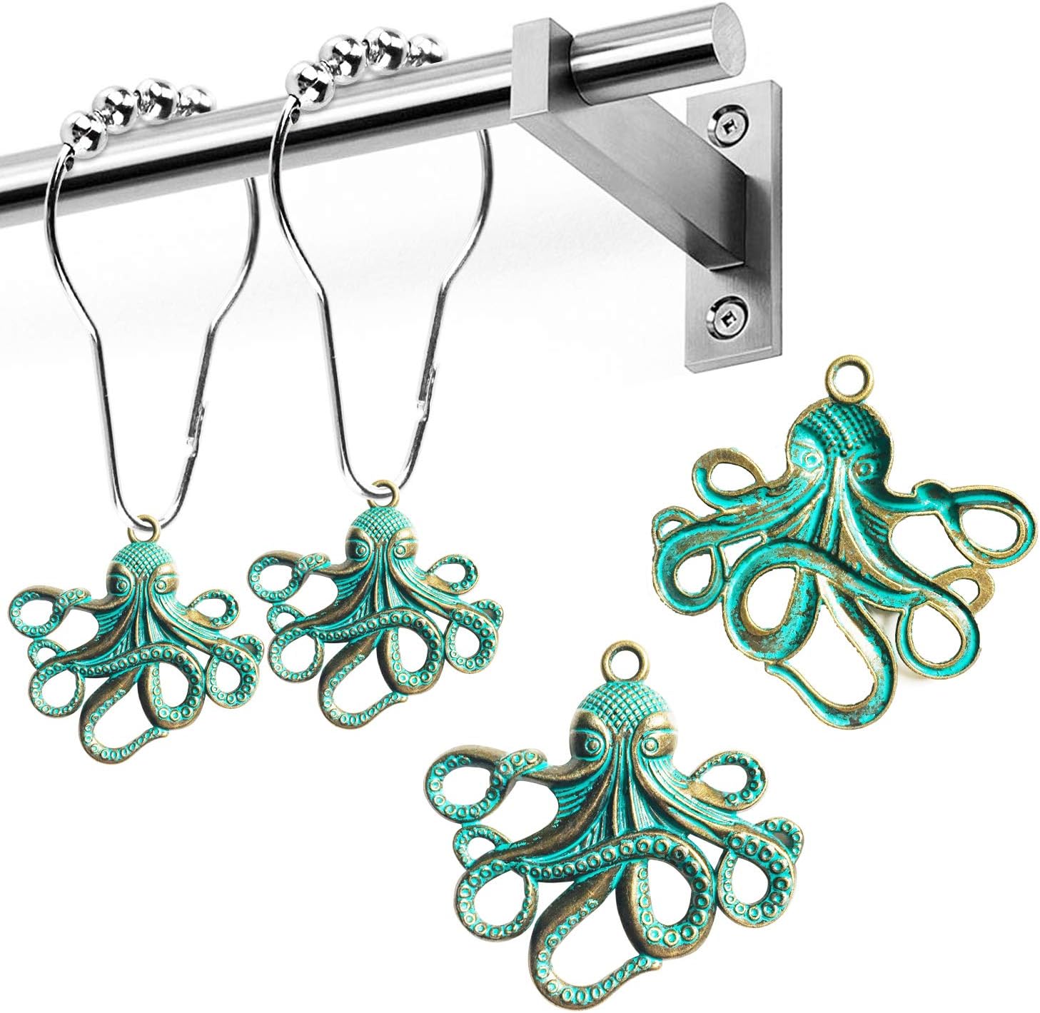 Juego de 12 ganchos decorativos de acero inoxidable para cortina de ducha de pulpo, para el hogar, baño