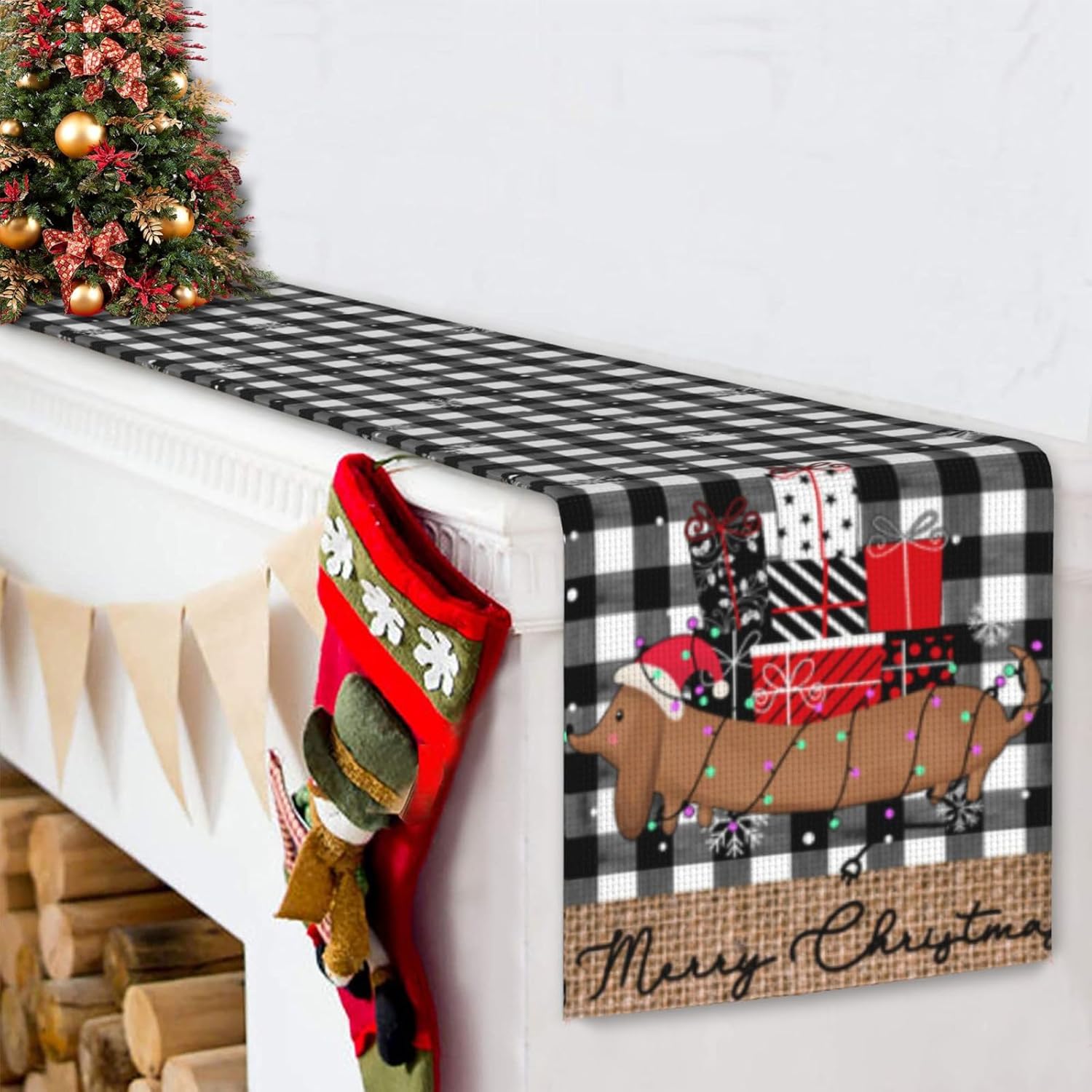 Camino de mesa de Navidad de 90 pulgadas de largo, búfalo negro, a cuadros, regalo de Navidad, decoración de mesa para el hogar, cocina, comedor,