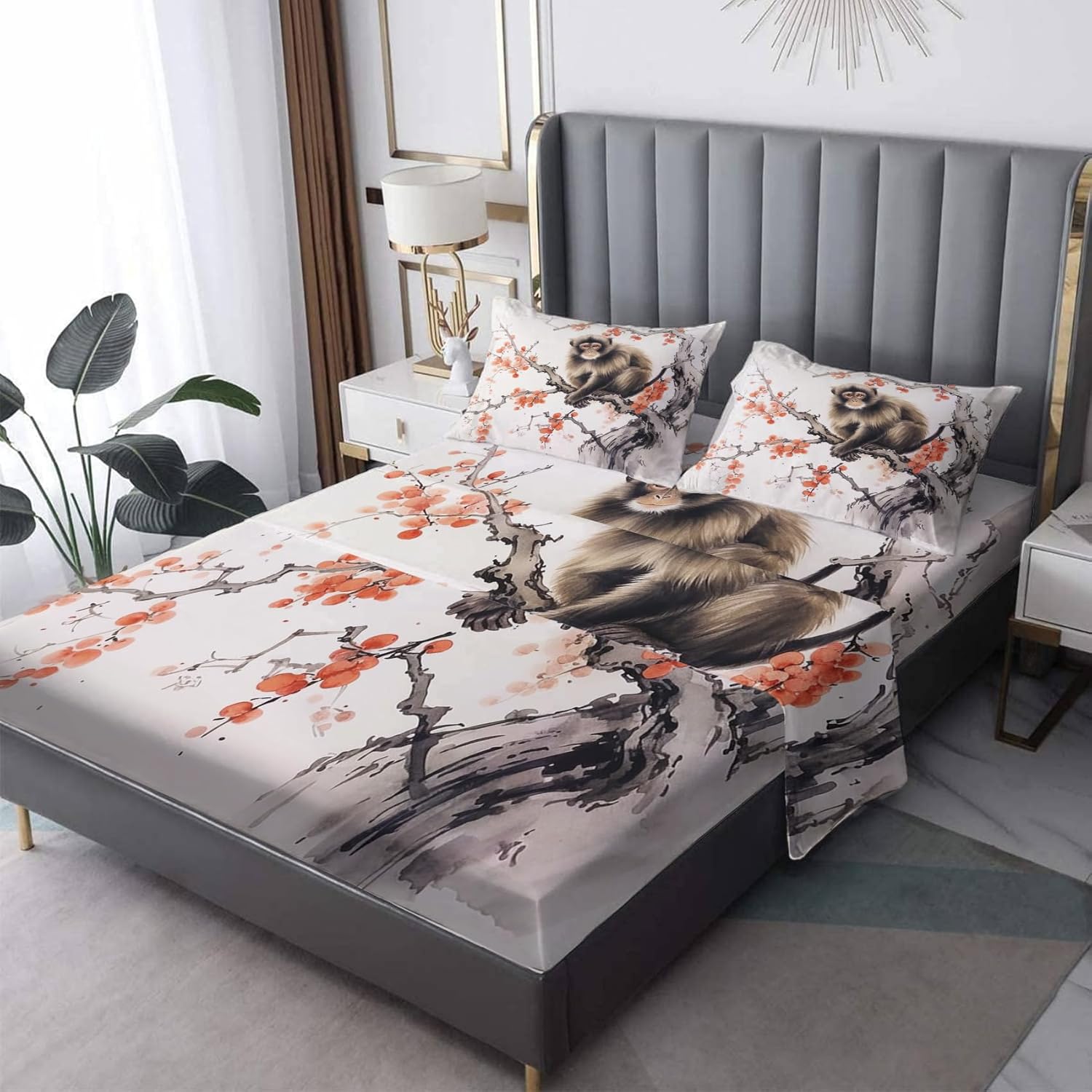 Sábanas de mono tamaño King, sábanas de cama con estampado de flor de cerezo, juego de 4 piezas – Sábana bajera ajustable de microfibra suave con