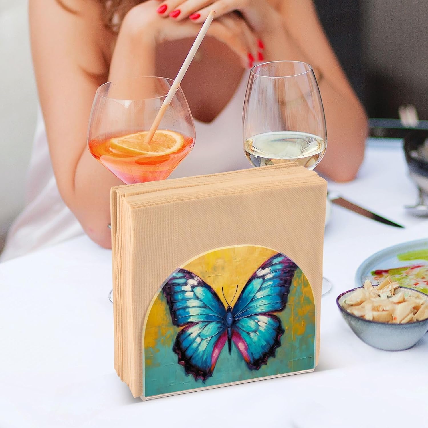 Napkin Holder Butterfly Painting Napkin Holders for Tables, Clear Acrylic Napkin Holders Cocktail Napkin Holder for Kitchen Restaurant Bar Home