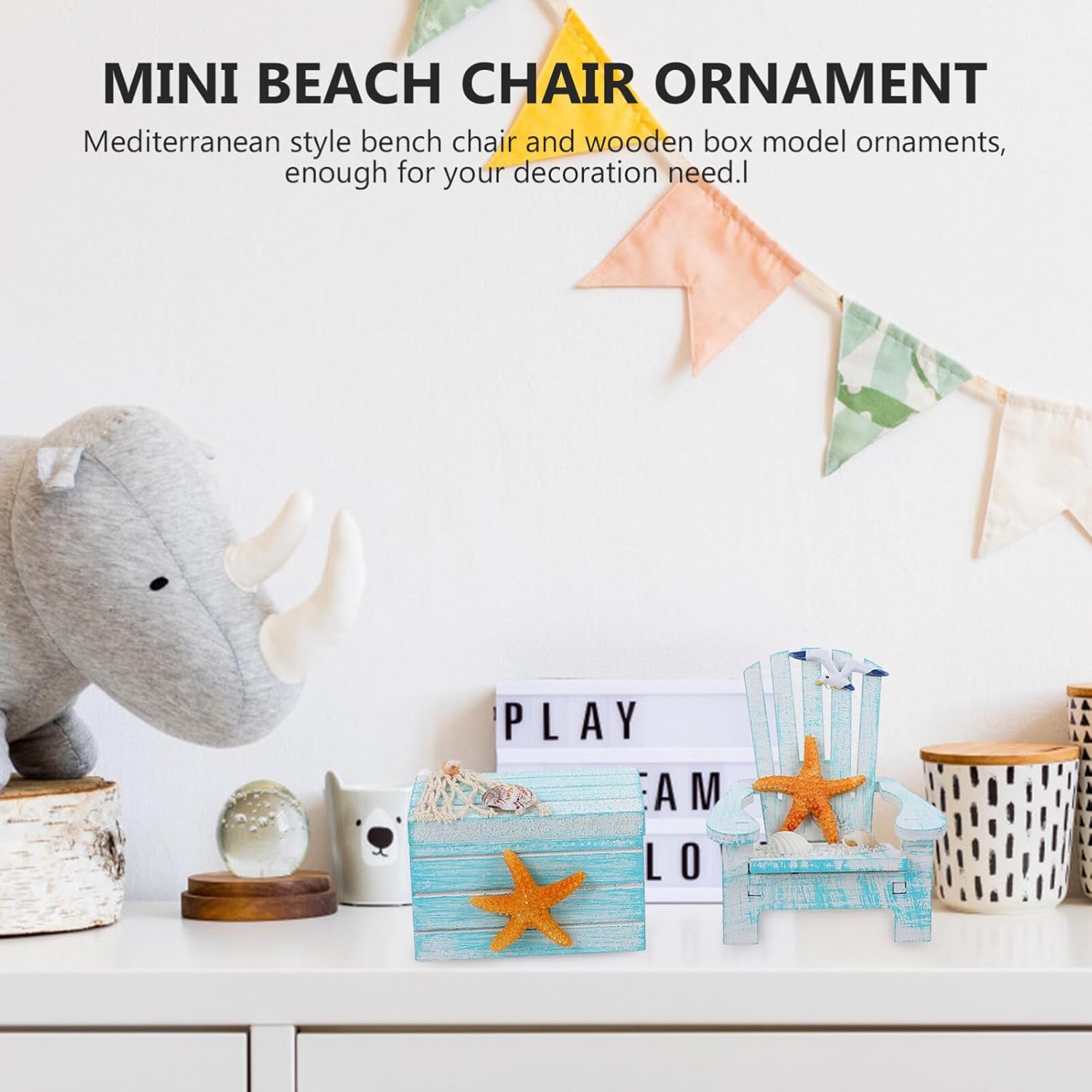 Decoración para el hogar, decoración de playa, 2 piezas, mini silla de playa náutica de madera, silla de playa en miniatura, caja de madera náutica,