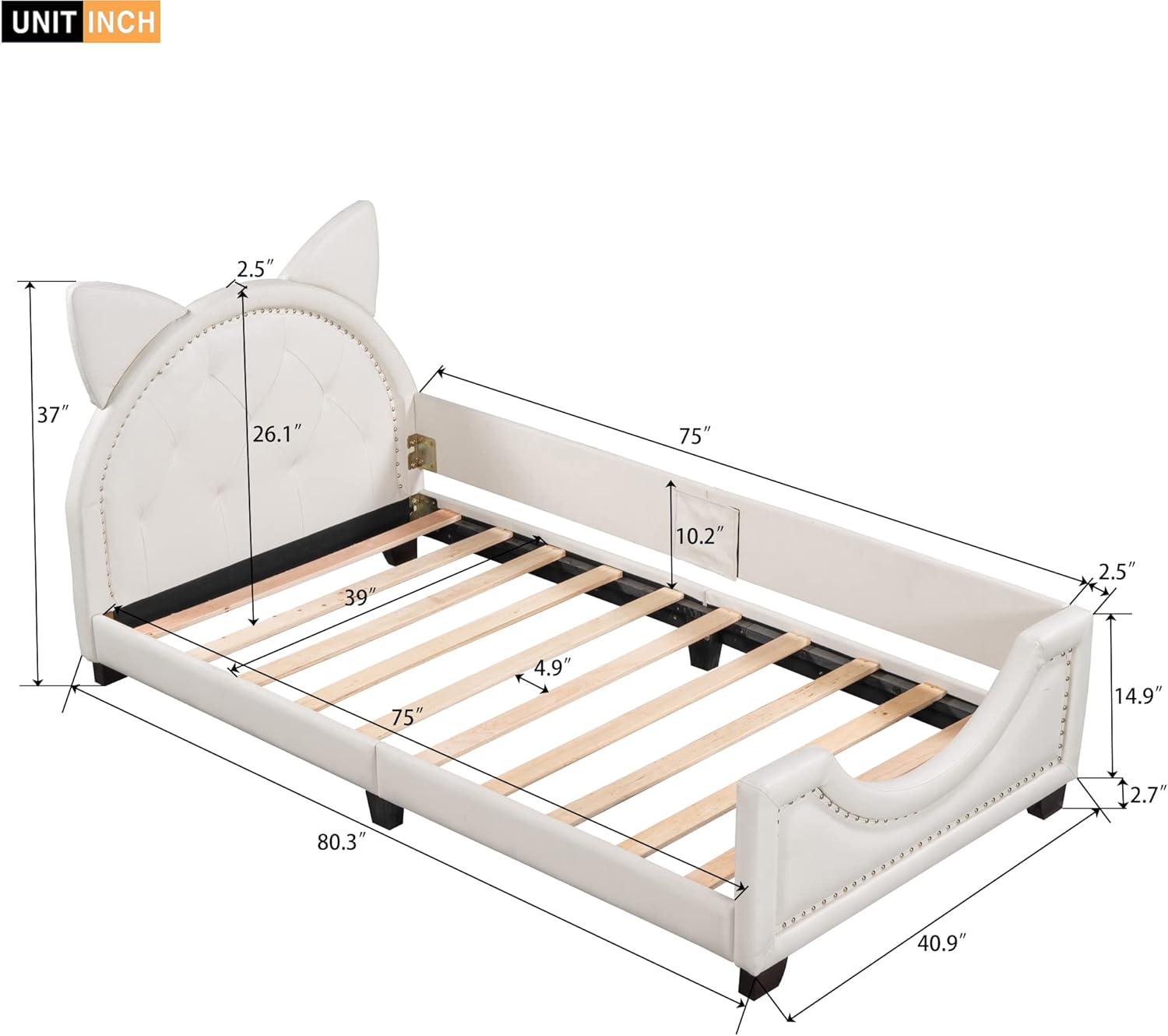 Cama individual tapizada blanca con cabecero copetudo en forma de orejas, base de cama de plataforma baja con rieles para niños, niñas, niños y