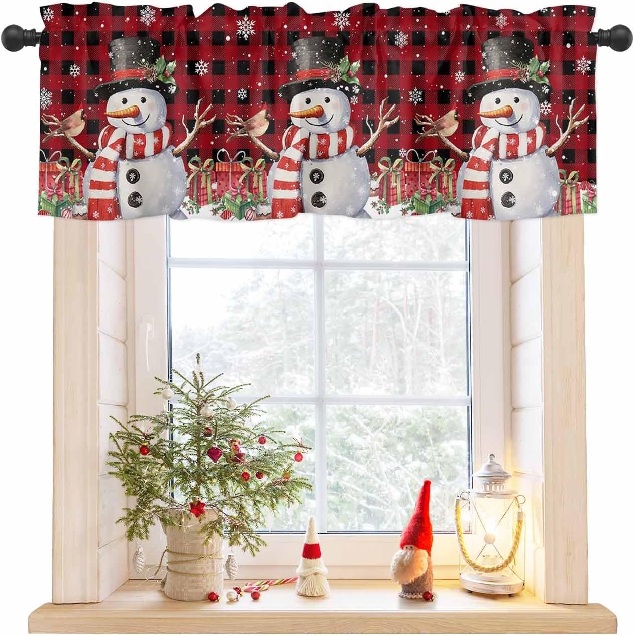 Cenefa de cocina de muñeco de nieve de Navidad, cenefas de ventana de búfalo rojo y negro, cortinas cortas con bolsillo para barra, cenefas de