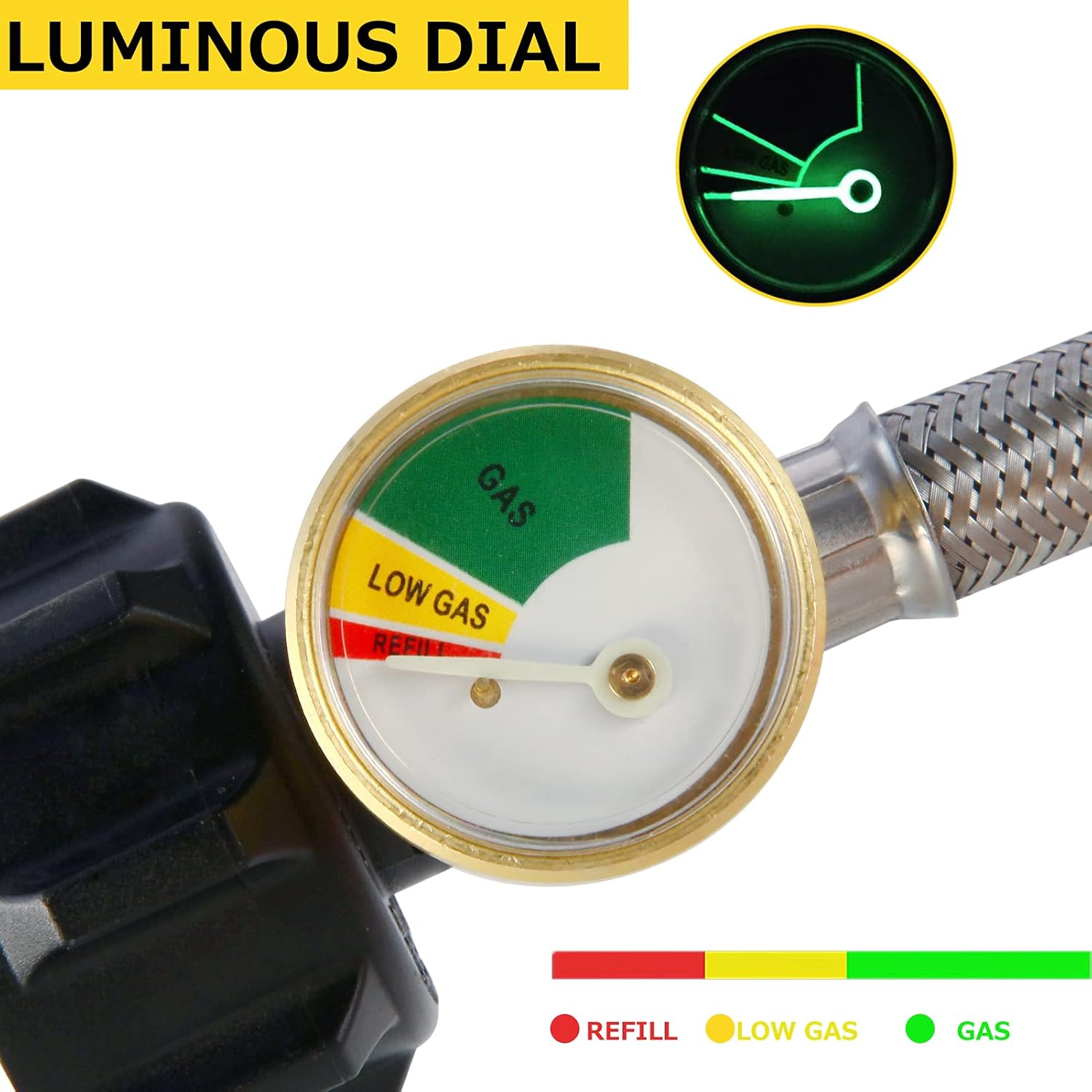 Manguera de propano invertida de 14 pulgadas con calibre, conector de tanque de propano trenzado de acero inoxidable de 15 pulgadas para regulador