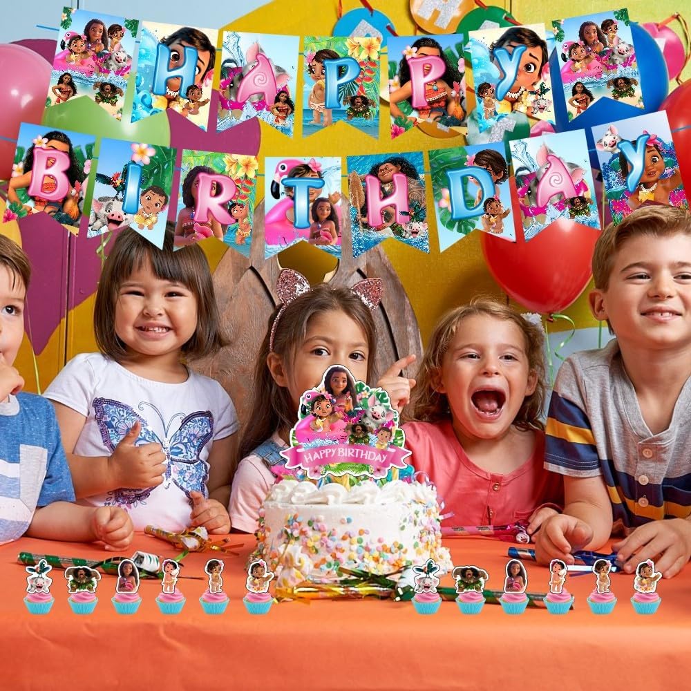 Decoraciones de cumpleaños de Baby Moana, suministros de fiesta de Baby Moana incluyen pancarta de feliz cumpleaños, decoración de pastel y