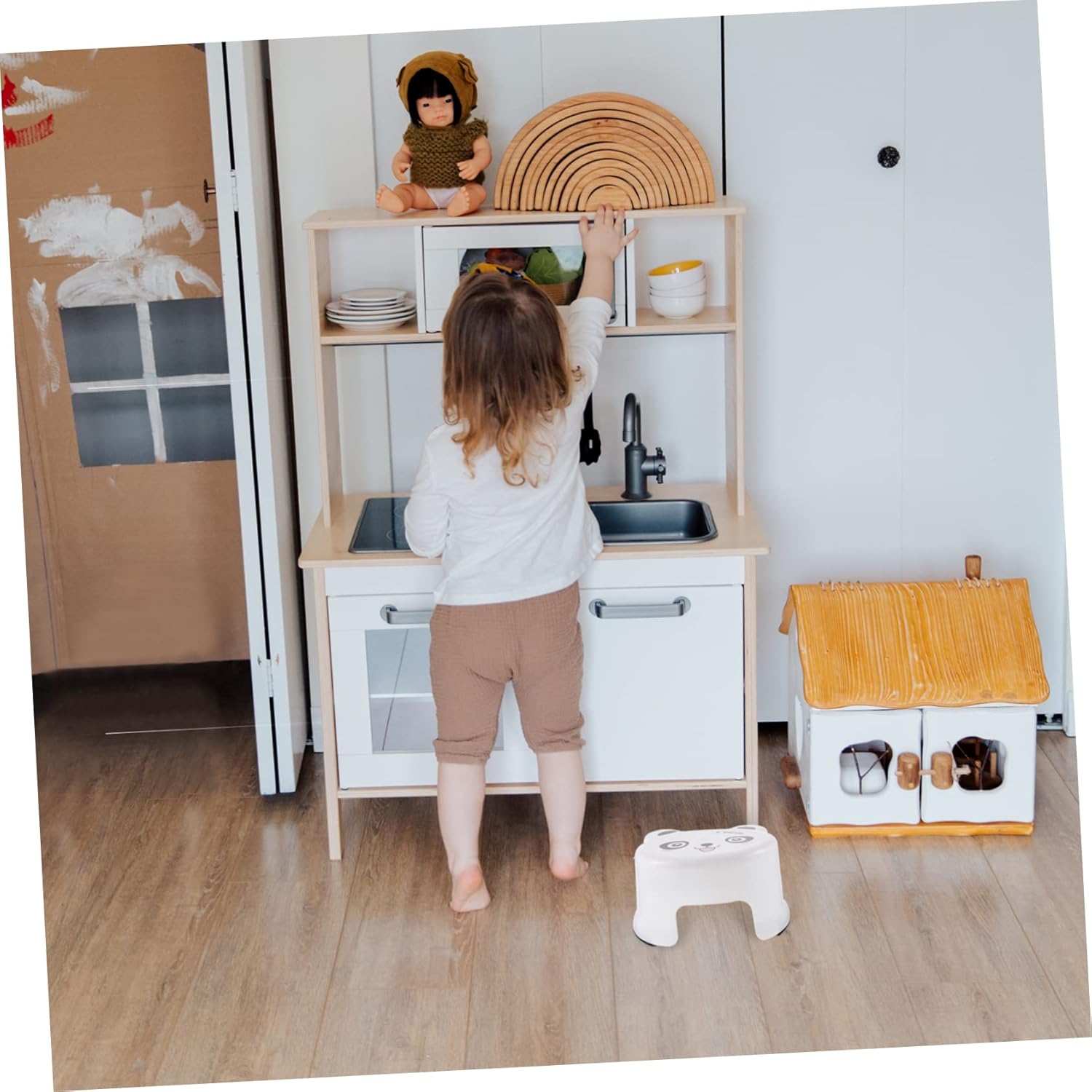 Taburete de plástico de dibujos animados de 3 piezas para niños pequeños, taburete para adultos, silla para seguridad de bebé, taburete auxiliar
