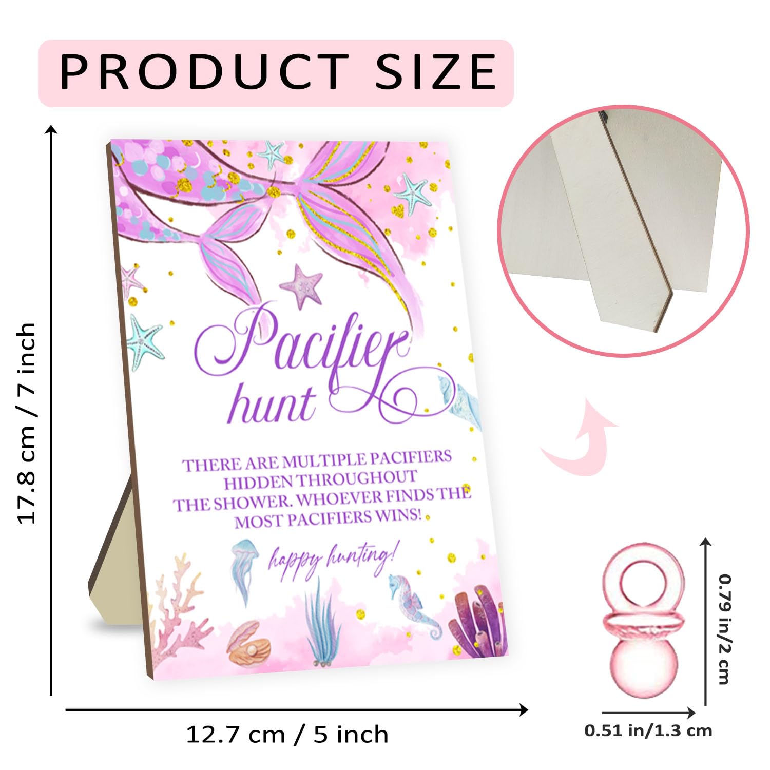 Juegos de baby shower, juego de caza de chupetes, juegos para baby shower o revelación de género, letrero de caza de chupete de madera, 50 chupetes