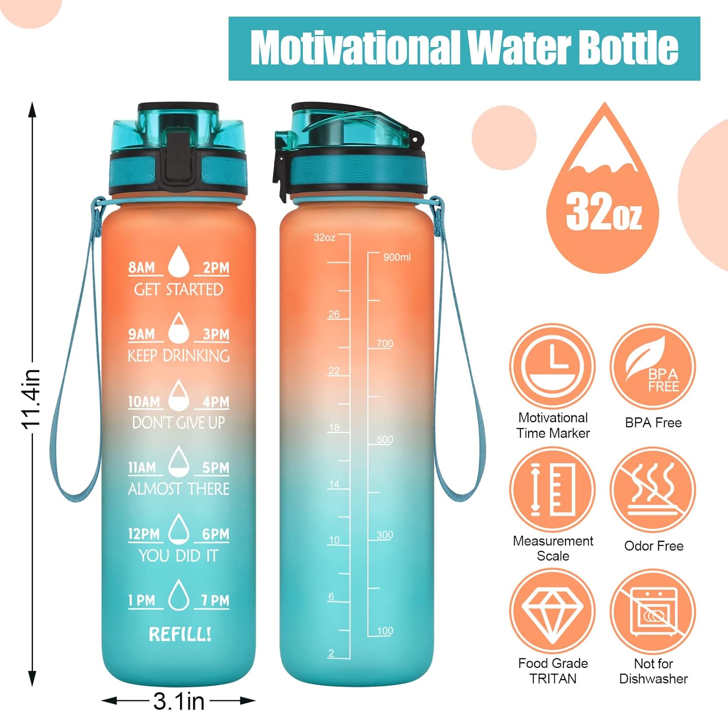 Botellas de agua de 32 onzas, botella de agua motivacional con marcador de tiempo, botella deportiva de Tritan a prueba de fugas con colador de