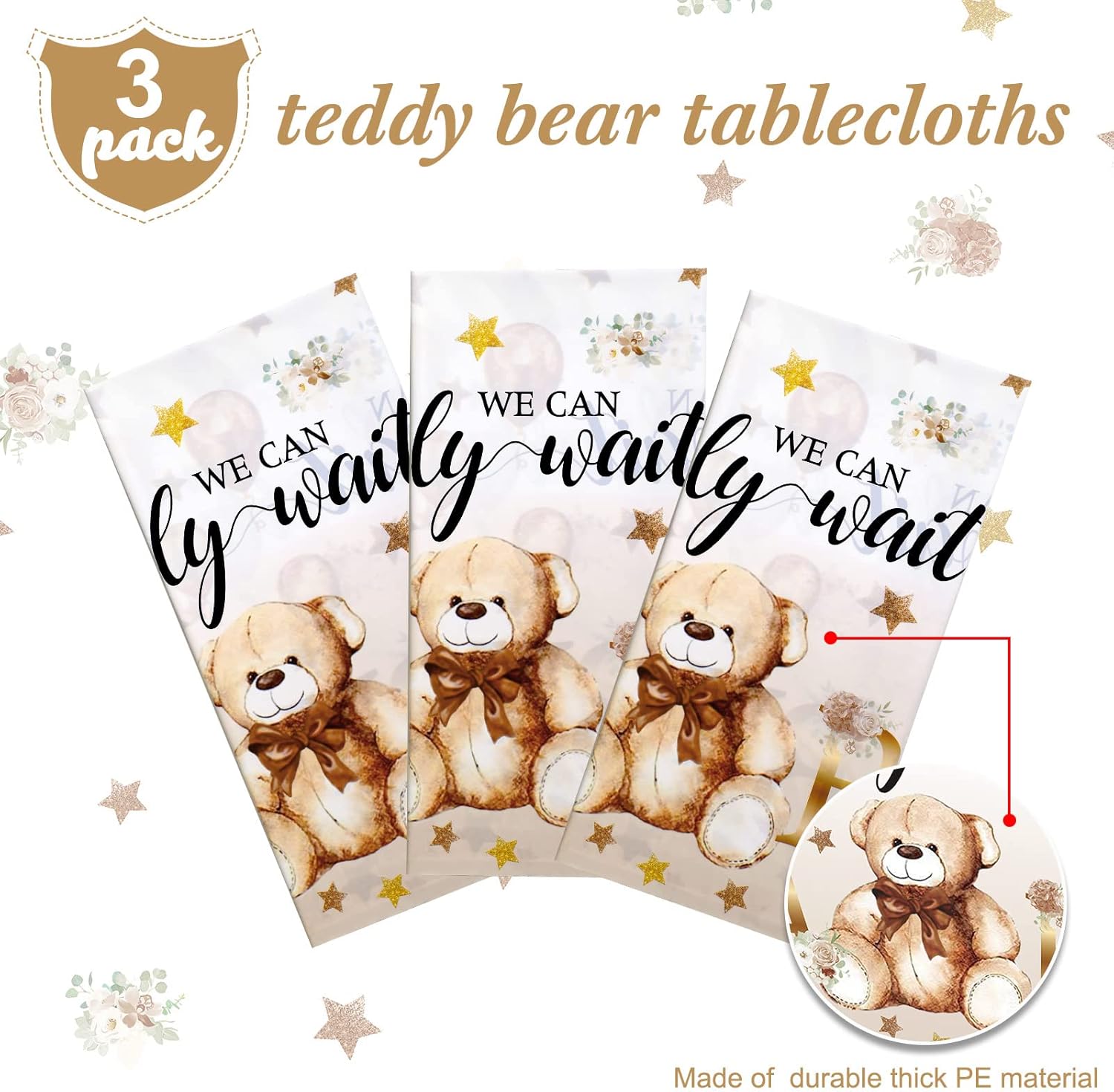 Capoda 3 manteles de oso para baby shower, fundas rectangulares de plástico para decoración de fiesta de revelación de género de oso, para baby