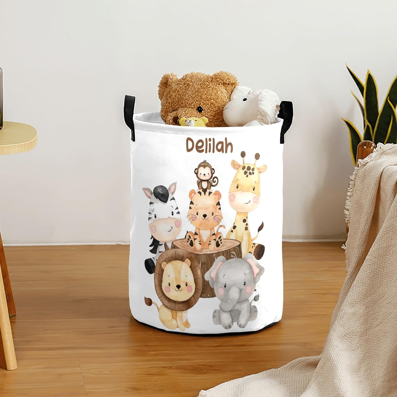 Safari Jungle Animals – Cesta de lavandería personalizada con asa impermeable, cesta plegable personalizada para niños y niñas, dormitorio de