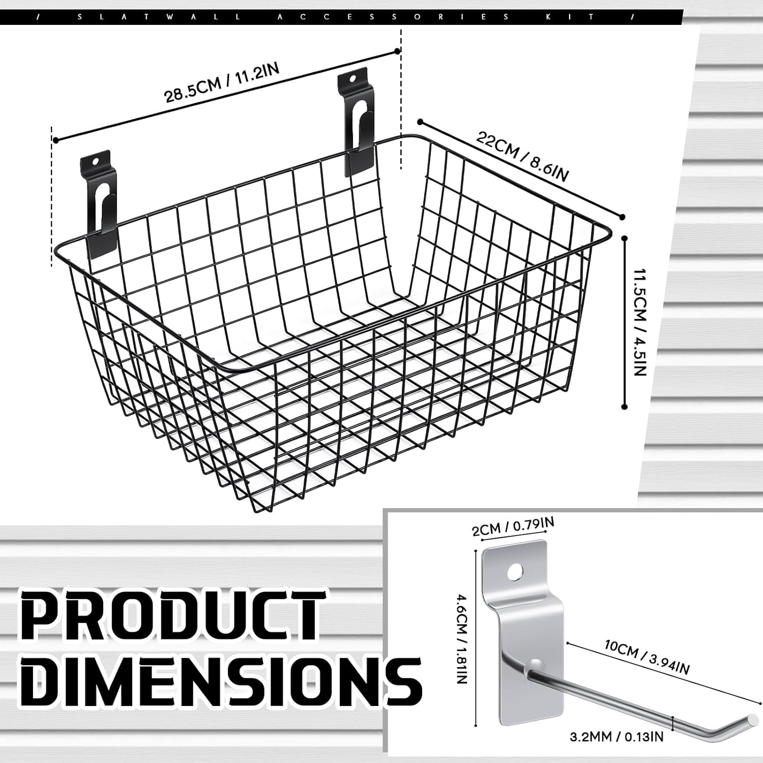 4 cestas de pared con ganchos de Slatwall, cestas de pared, cestas de almacenamiento colgantes, cestas de metal, cubos de Slatwall, ganchos para
