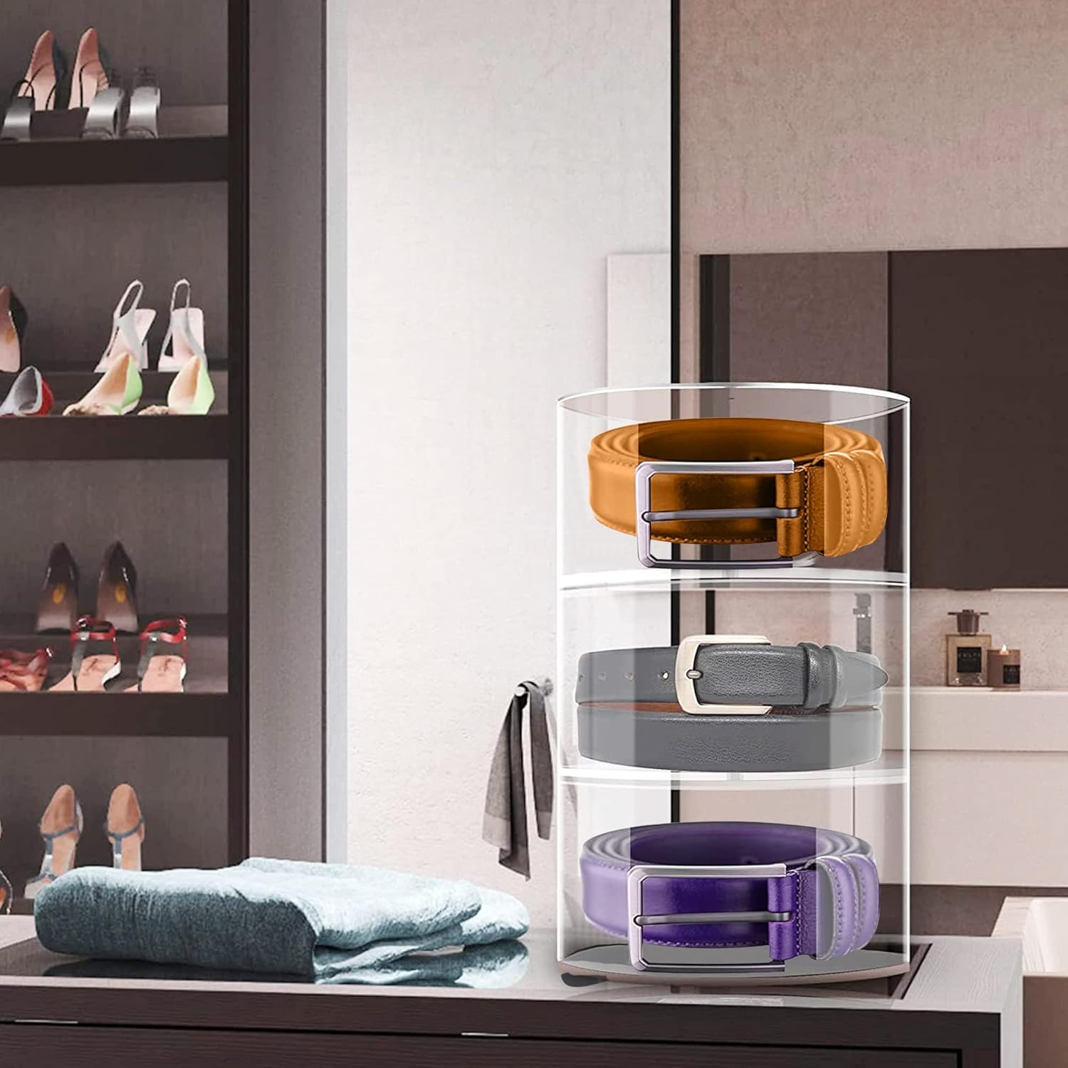 Organizador de cinturón de acrílico para armario, 3 compartimentos, soporte de almacenamiento transparente  vitrina para maquillaje, joyas, relojes,