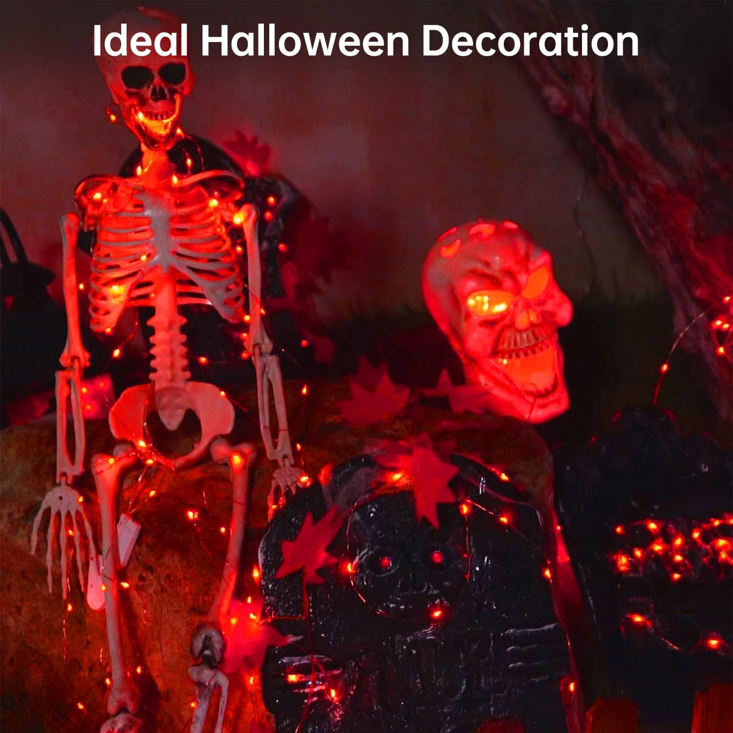 Blingstar Guirnalda de luces rojas de Navidad de Halloween, paquete de 2 tiras de luces LED de 33 pies, 100 luces LED de alambre plateado para