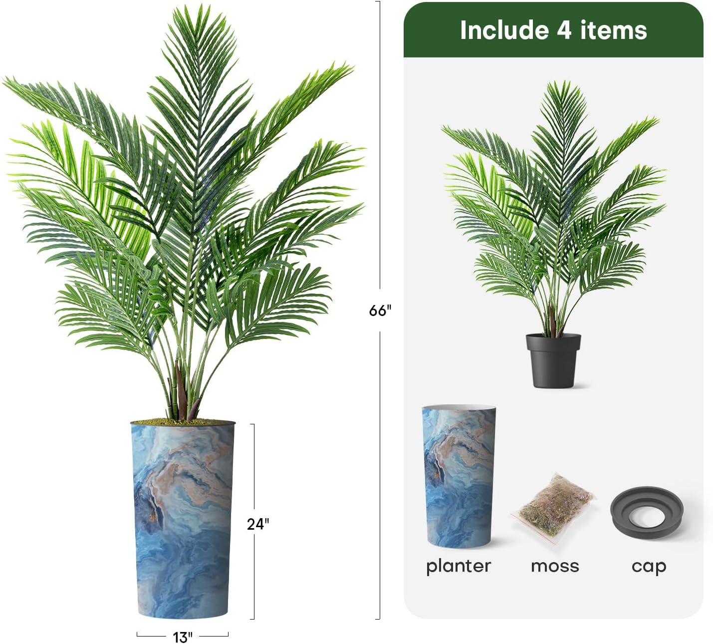 Árbol artificial en macetero con efecto de granito moderno, palmera tropical areca artificial de seda para decoración del hogar en interiores y