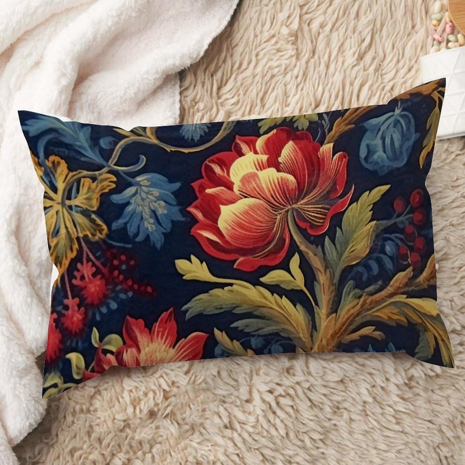 ArogGeld Fundas de cojín lumbares estilo chinoiserie, almohadas florales azul marino y rojo, botánico, borgoña, dorado, verde oliva, para