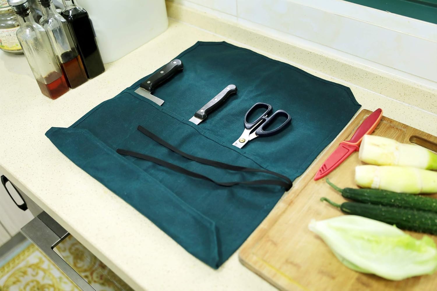 Denifiter Bolsa de lona encerada resistente para cuchillos de chef con 7 ranuras, impermeable y duradera (verde oscuro)