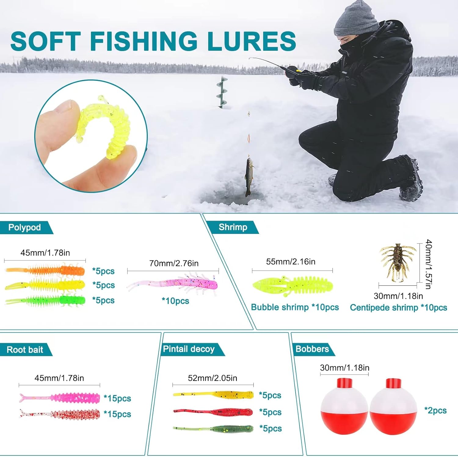SMMYMGF Señuelos de pesca, caja de aparejos de trucha y crappie, kit de equipo de pesca en hielo, incluye cabezas de plantilla, cebos de plástico