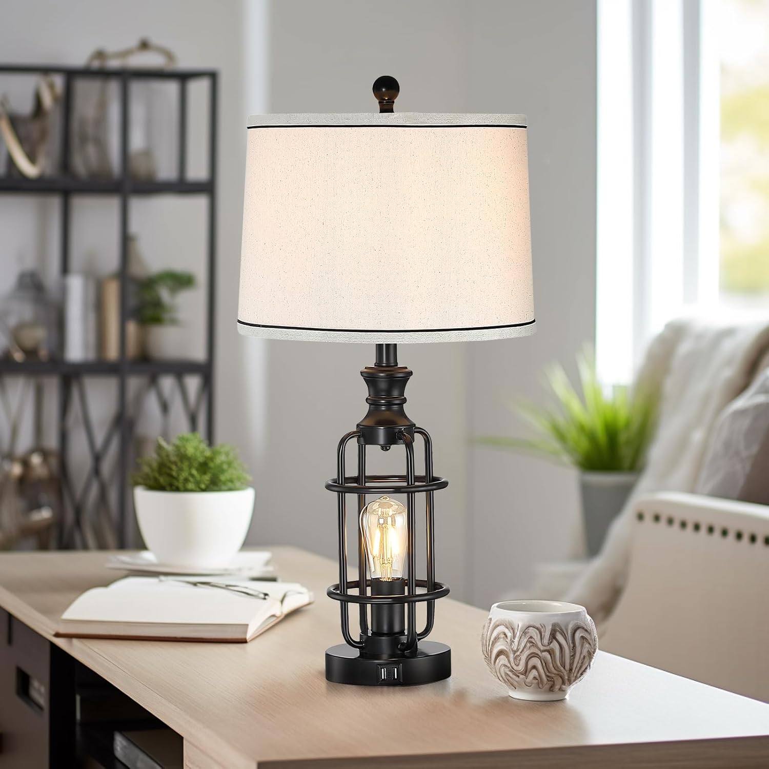 26.3Table Lamps Set of 2 with USB Charging Ports,Farmhouse Bedside Nightstand Lamp with Rotary Switch,Rustic Reading Lamps Industrial Desk Lamps for
