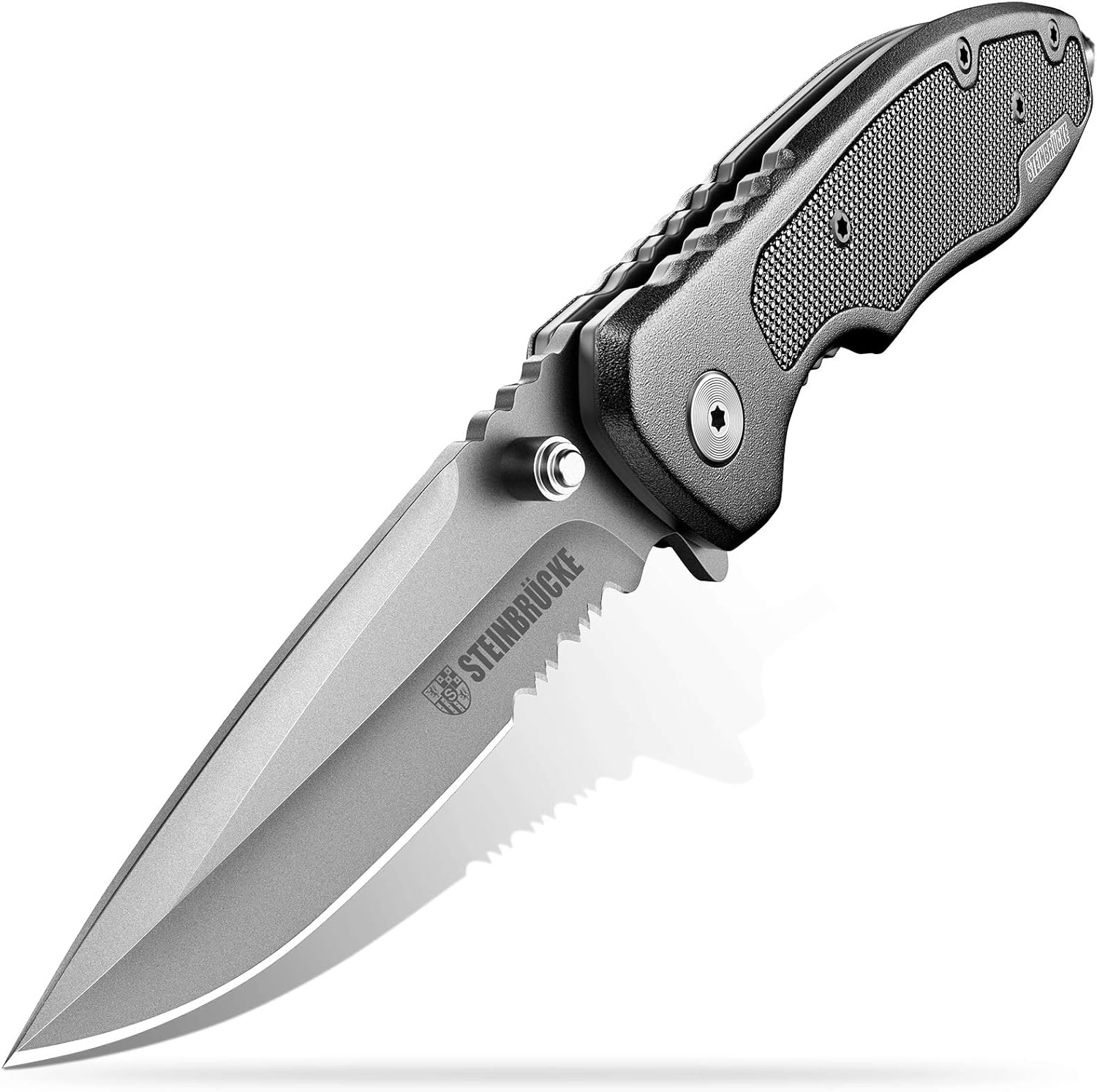Steinbrucke EDC Cuchillo de bolsillo para hombre, cuchillo Sandvik 14C28N de 3.4 pulgadas, hoja dentada de acero inoxidable mango de aluminio G10