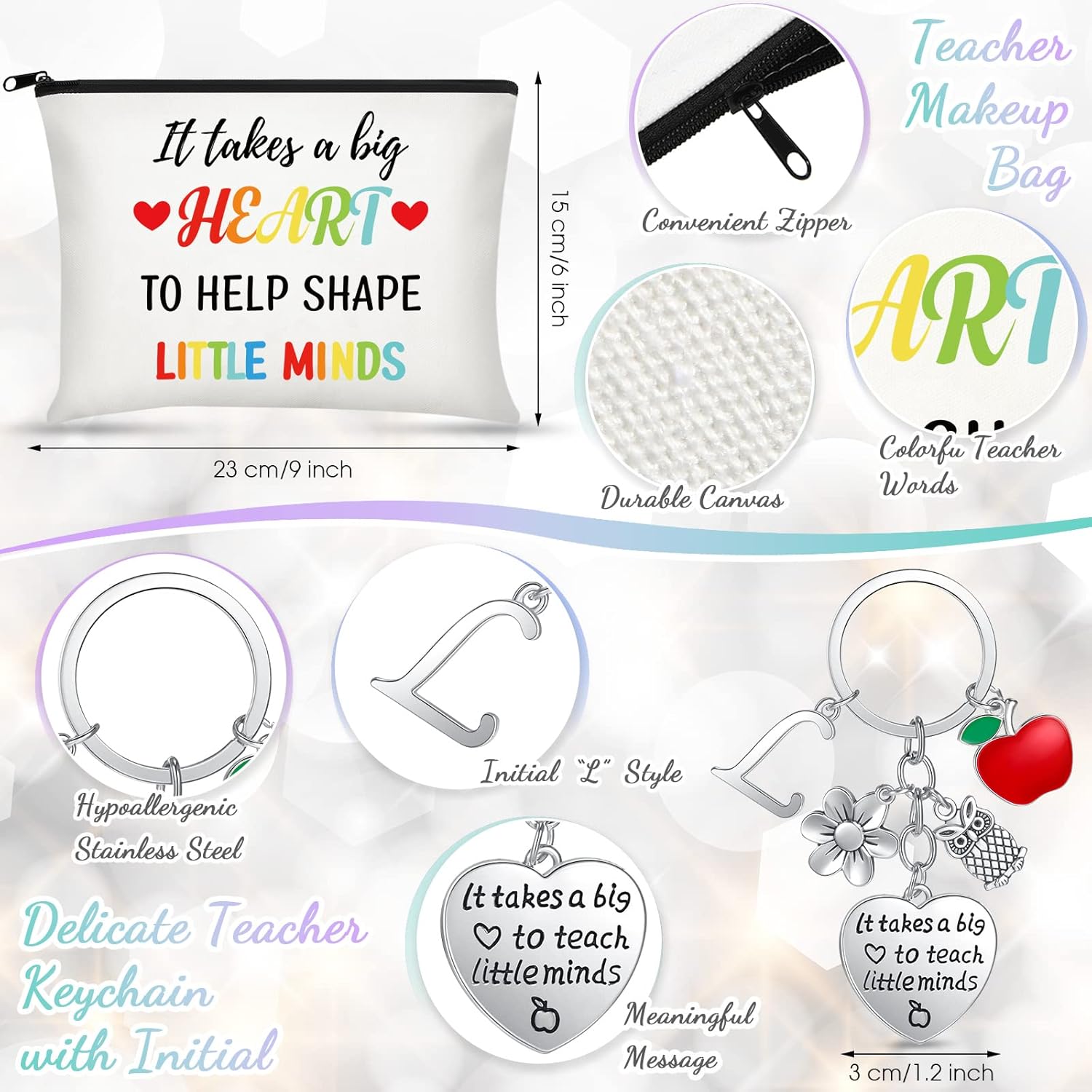 Vaso de vino de 3 piezas de 12 onzas con texto en inglés “Teach Love Inspire – It Takes a Big Heart To Help Shape Little Minds – Bolsa de cosméticos