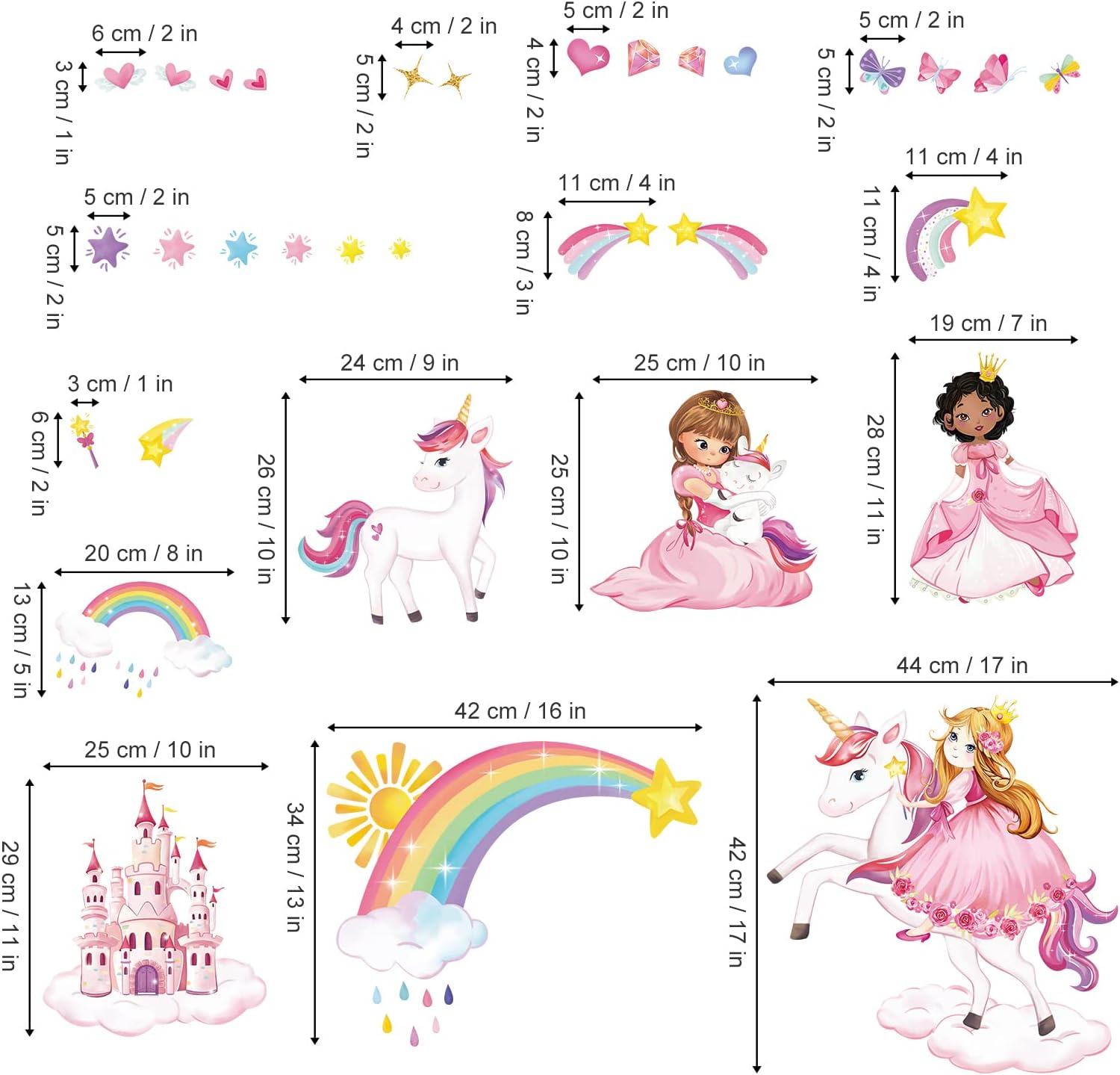 wondever Calcomanías de pared de unicornio de princesa, castillo, arco iris, calcomanías de arte de pared para dormitorio de niñas, habitación de