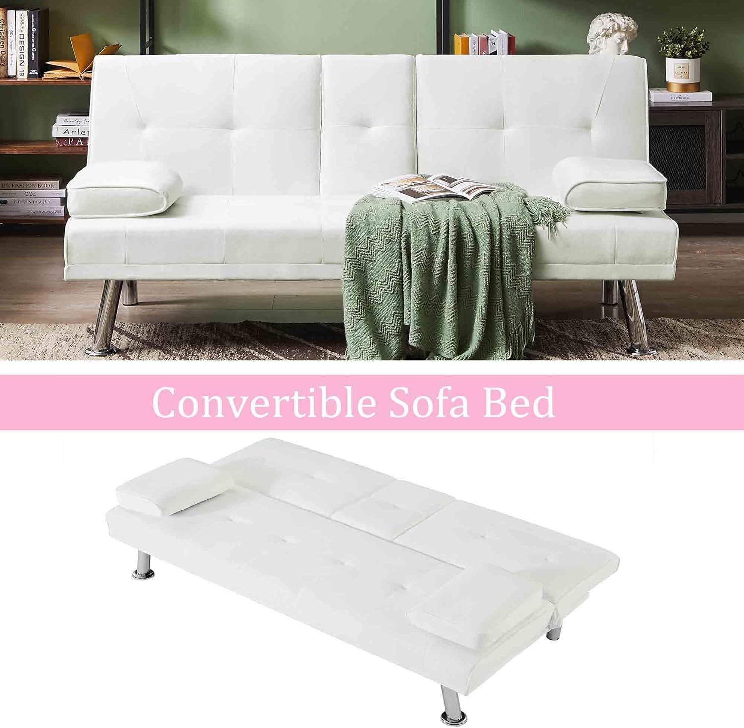 Mdhitsox Moderno sofá cama futón de terciopelo con 2 portavasos, sofá cama convertible con 3 respaldos ajustables y patas de metal, sofá biplaza