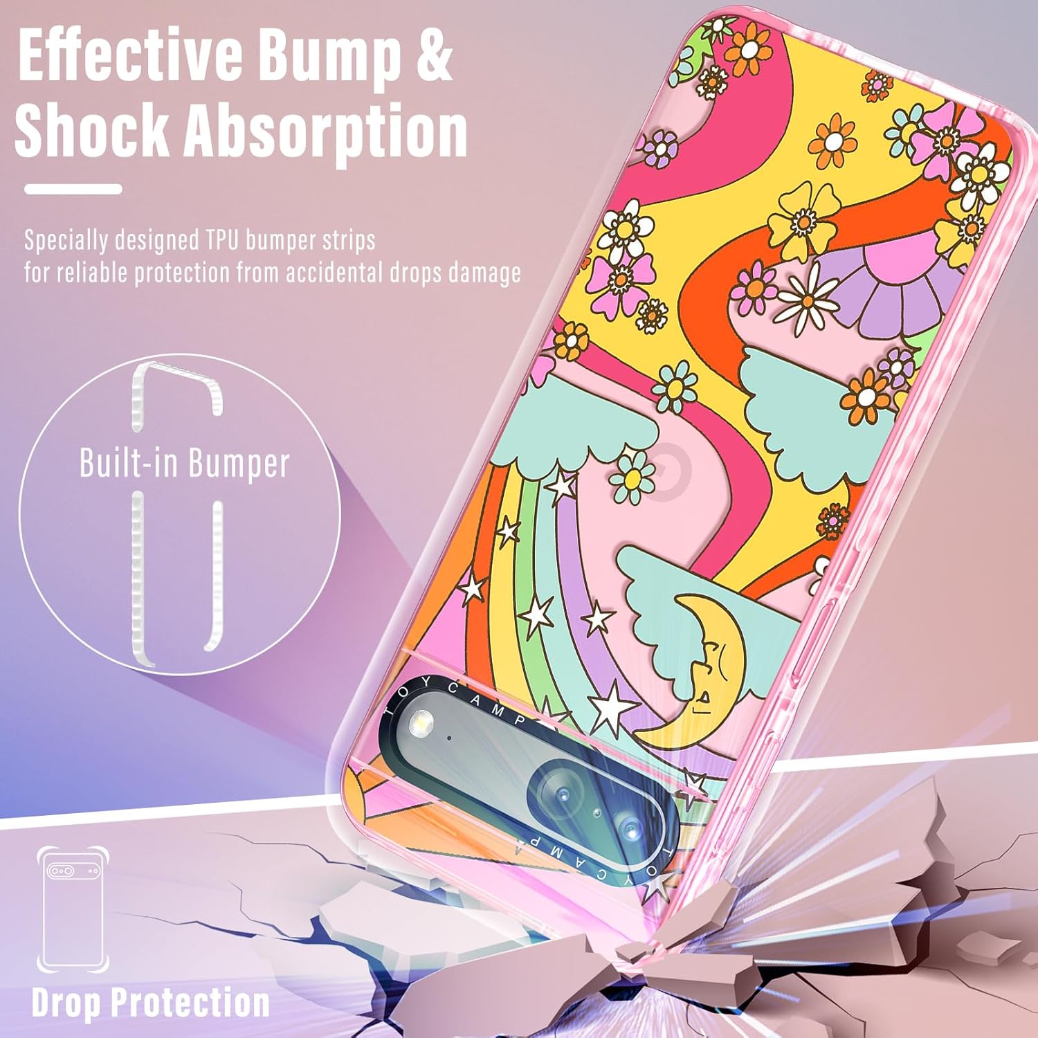 Toycamp Funda para Pixel 7 con soporte para anillos, diseño retro de arcoíris, sol, río, flores, caricatura, a prueba de golpes, para Google Pixel