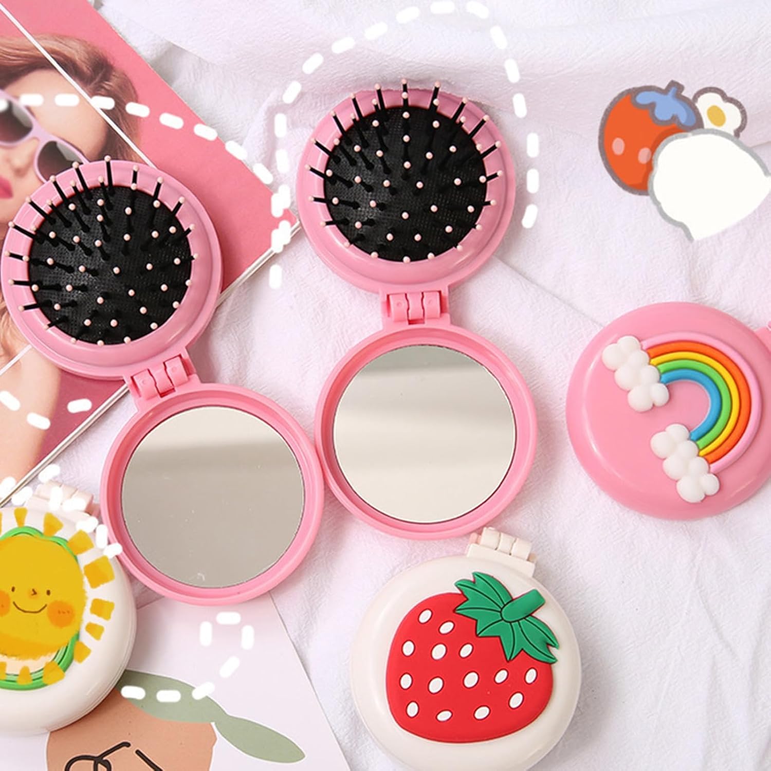 Cepillo de pelo de viaje, peine de bolsillo con mini espejo, cepillos de pelo plegables compactos, redondos, mini peine de masaje compacto para