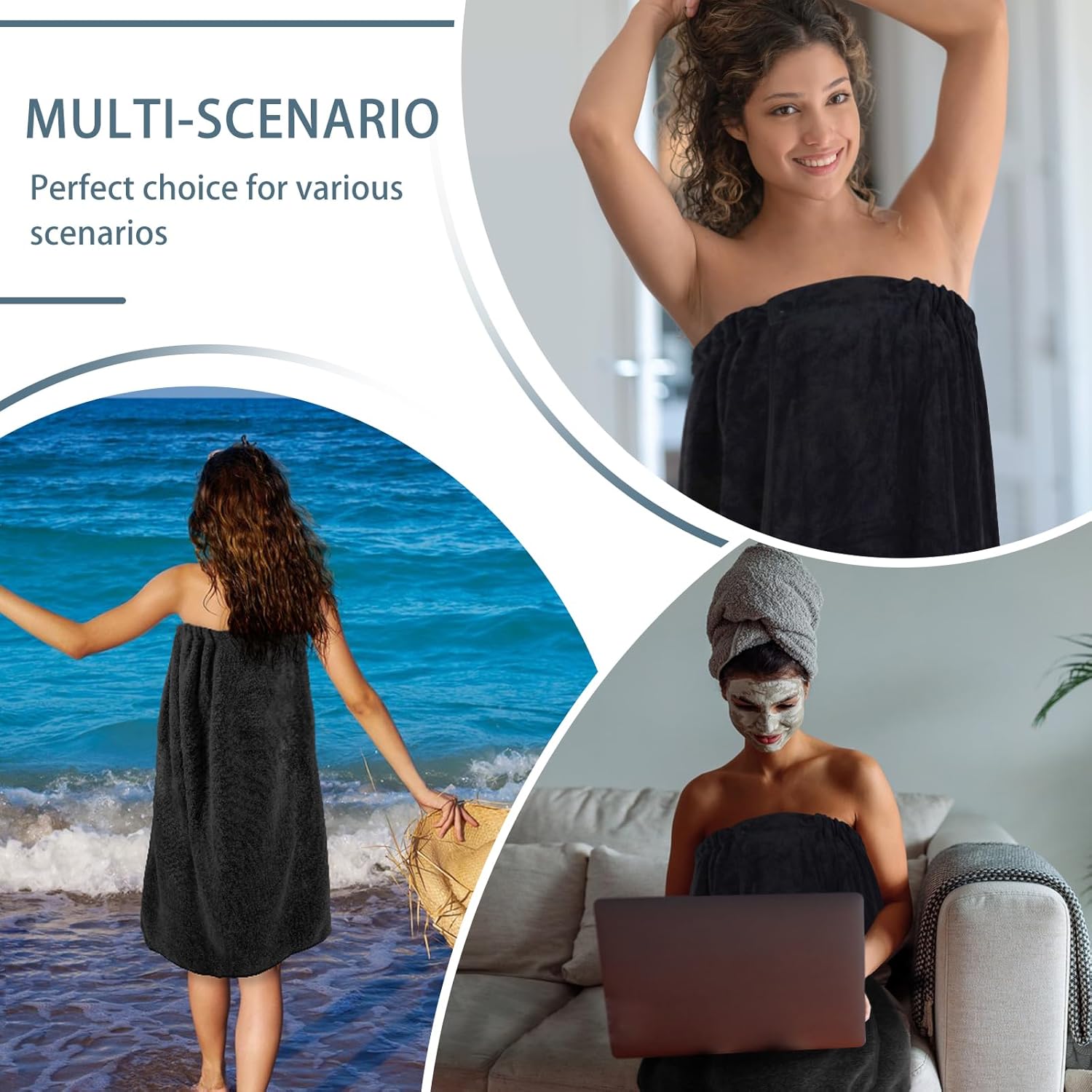 SINLAND Toallas de baño de microfibra ligeras hasta la rodilla para mujer, con cierre ajustable, 32 x 60 pulgadas, color negro