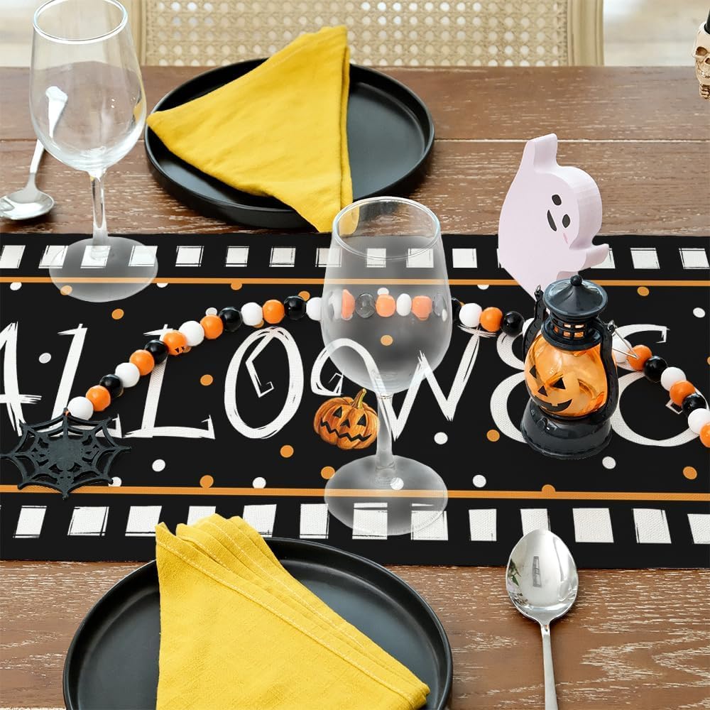 ARKENY Camino de mesa de Halloween de 13 x 60 pulgadas, calabaza, fantasma, arpillera estacional, lunares, granja, interior, cocina, comedor,