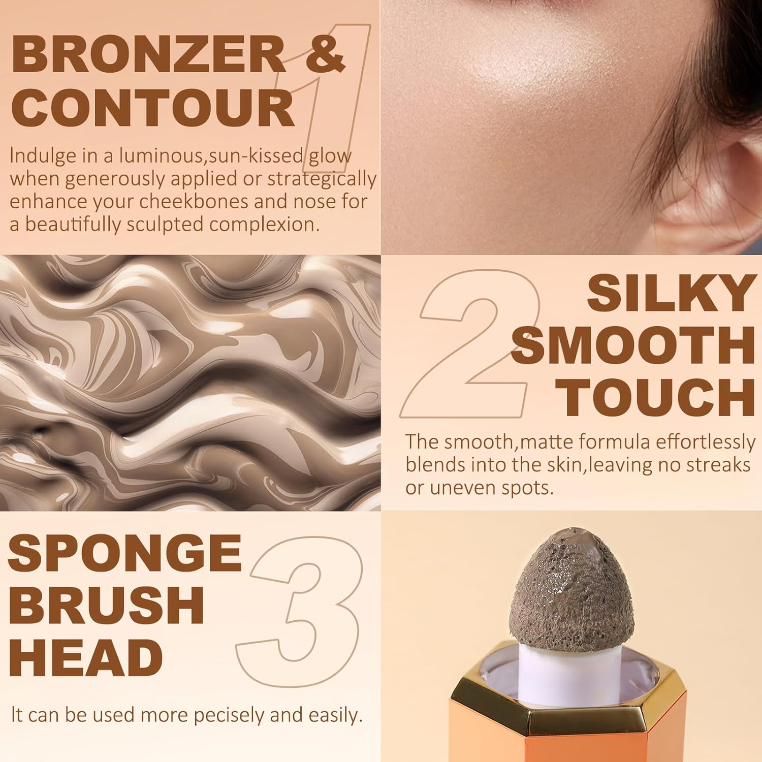 Maquillaje líquido en barra, bronceador crema líquida, contorno bronceador suave altamente pigmentado, punta de esponja incorporada para dar forma a