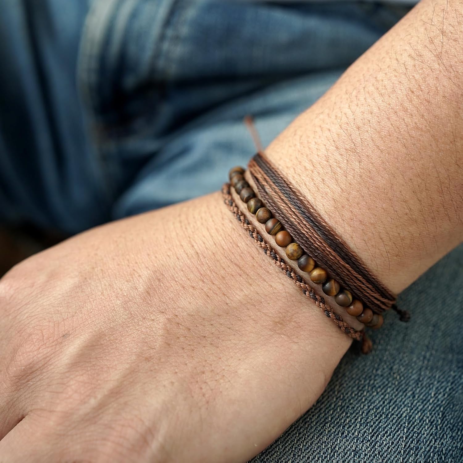 Handmade Natural Stone Beaded Healing Bracelet Gift for Men Adjustable Rope String Bracelets (tiger-eye)